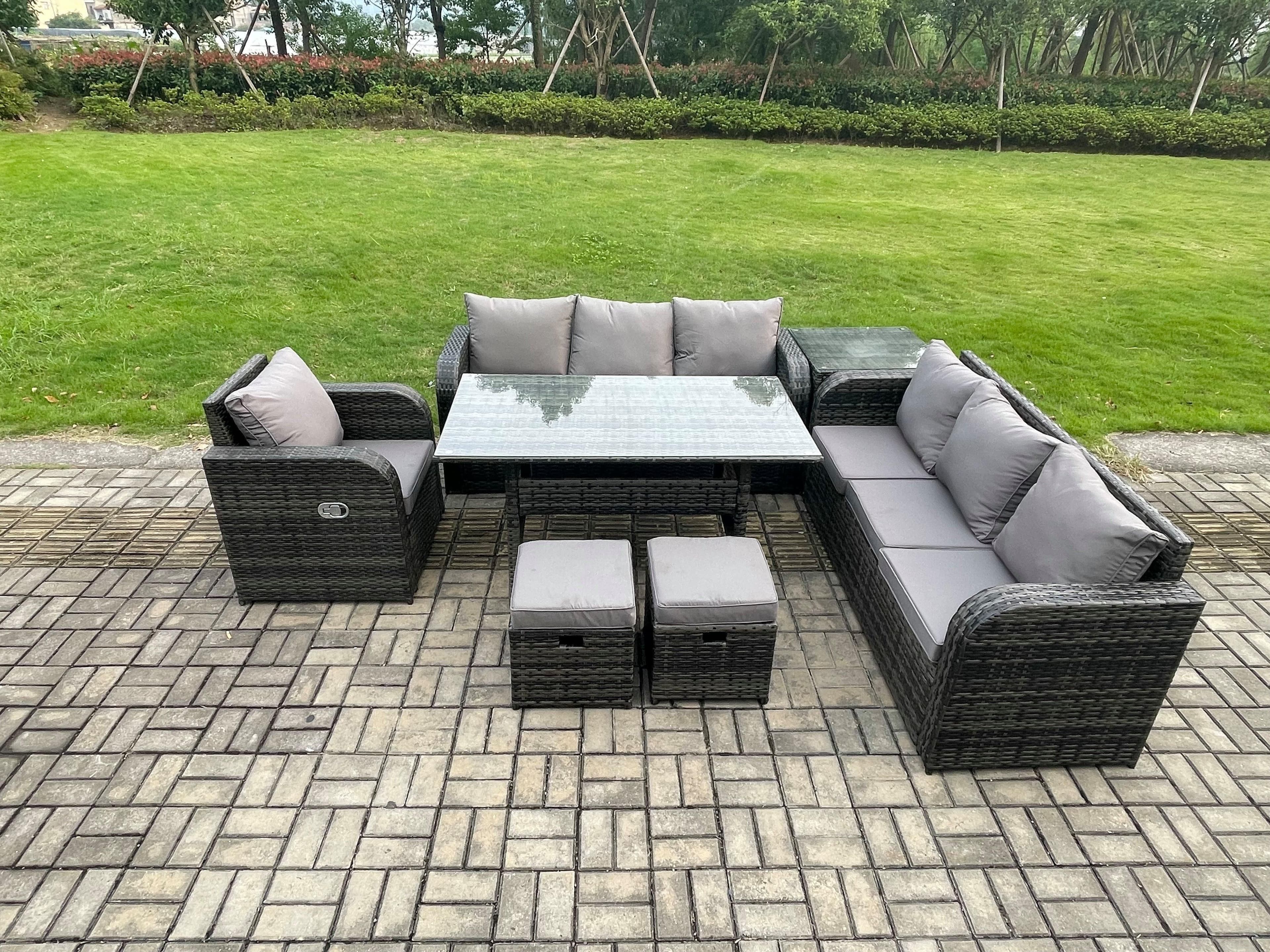 9 Seater Rattan Garden Furniture Set Oblong Rectangular Dining Table Chairs Set 3 Seater Sofa Side Table 2 Small Footstools