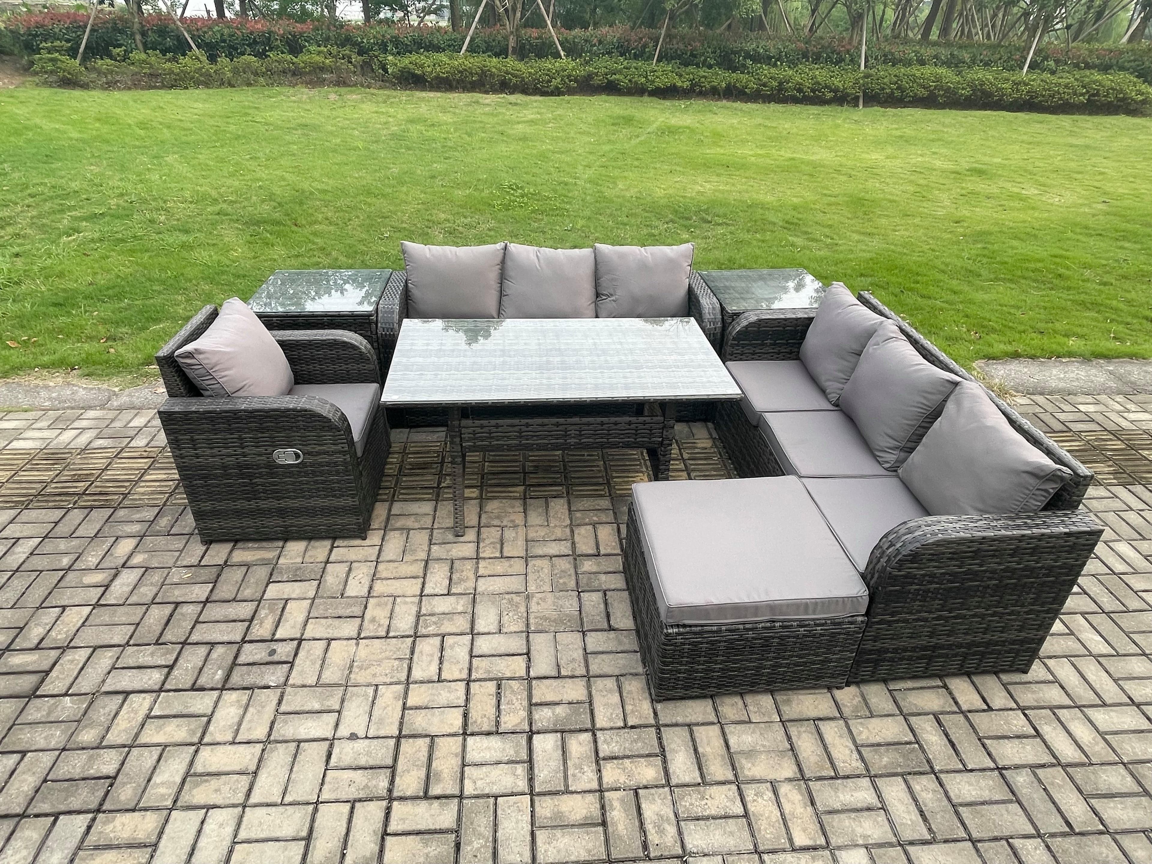 8 Seater Rattan Garden Furniture Set Oblong Rectangular Dining Table Chairs Set 3 Seater Sofa 2 Side Tables Big Footstool