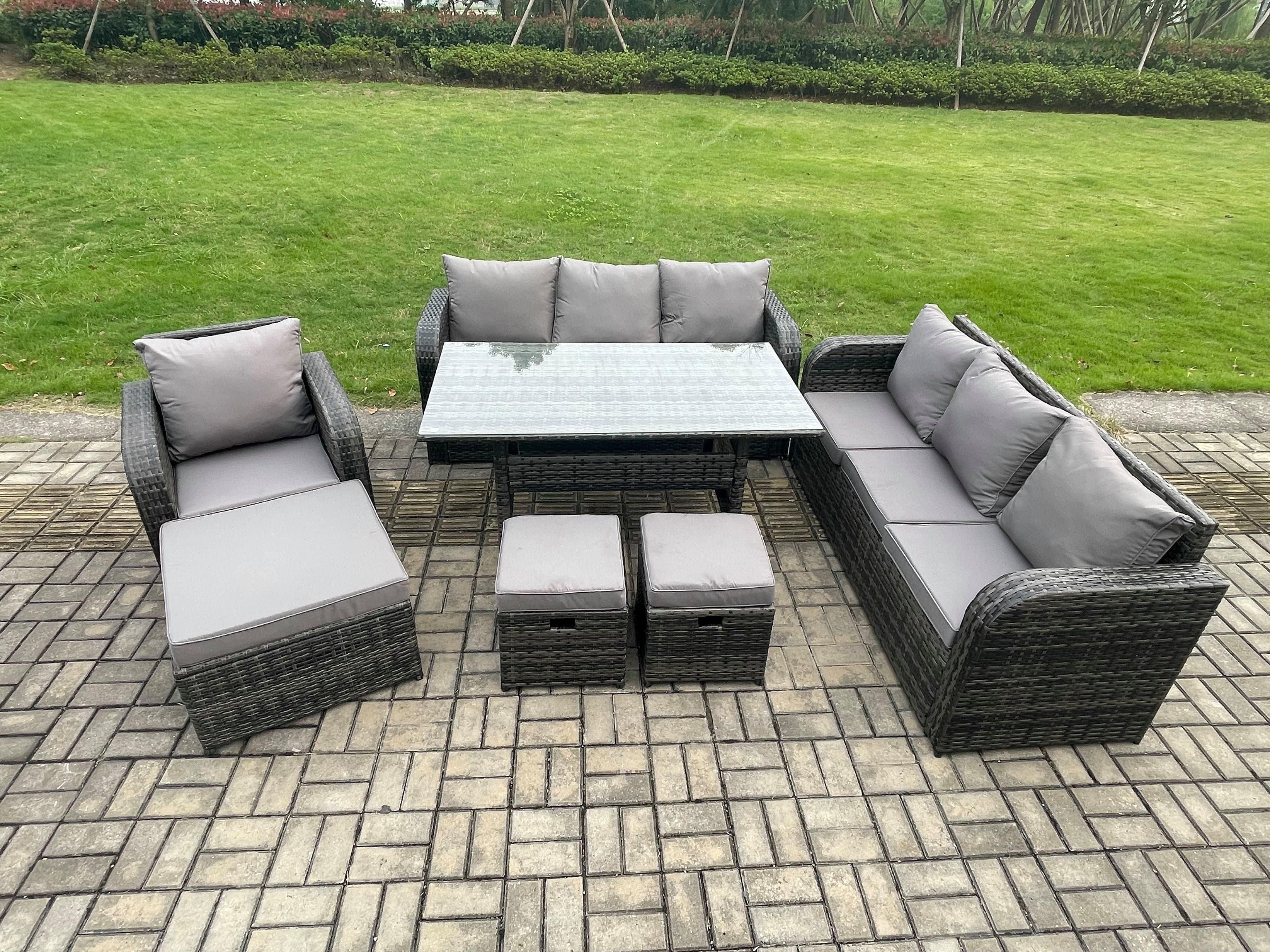 10 Seater Outdoor Rattan Garden Furniture Set Oblong Dining Table Chairs Set 3 Seater Sofa 3PC Footstools Dark Grey Mixed