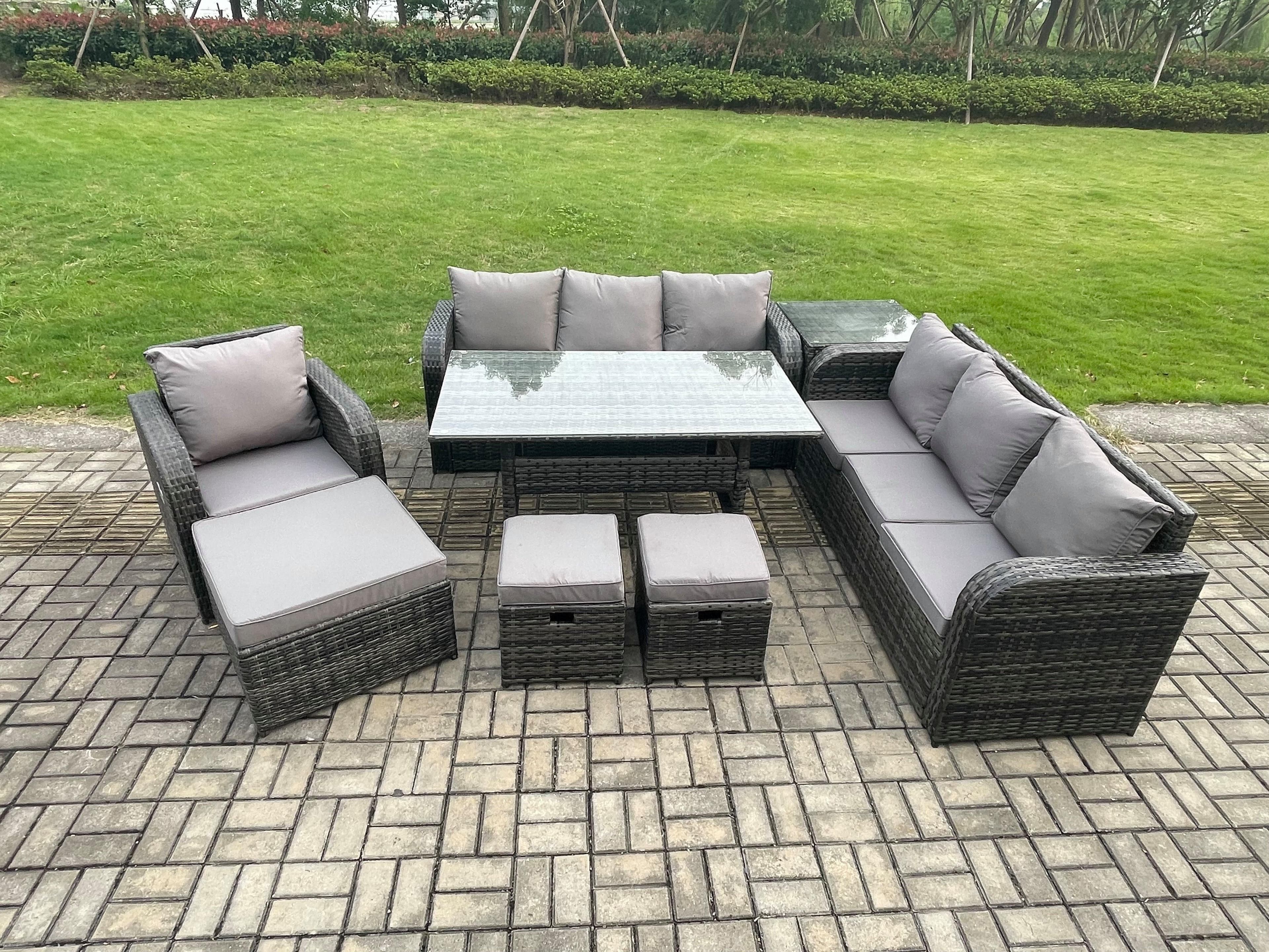 10 Seater Outdoor Rattan Garden Furniture Set Rectangular Dining Table Chairs Set 3 Seater Sofa 3PC Footstools Side Table
