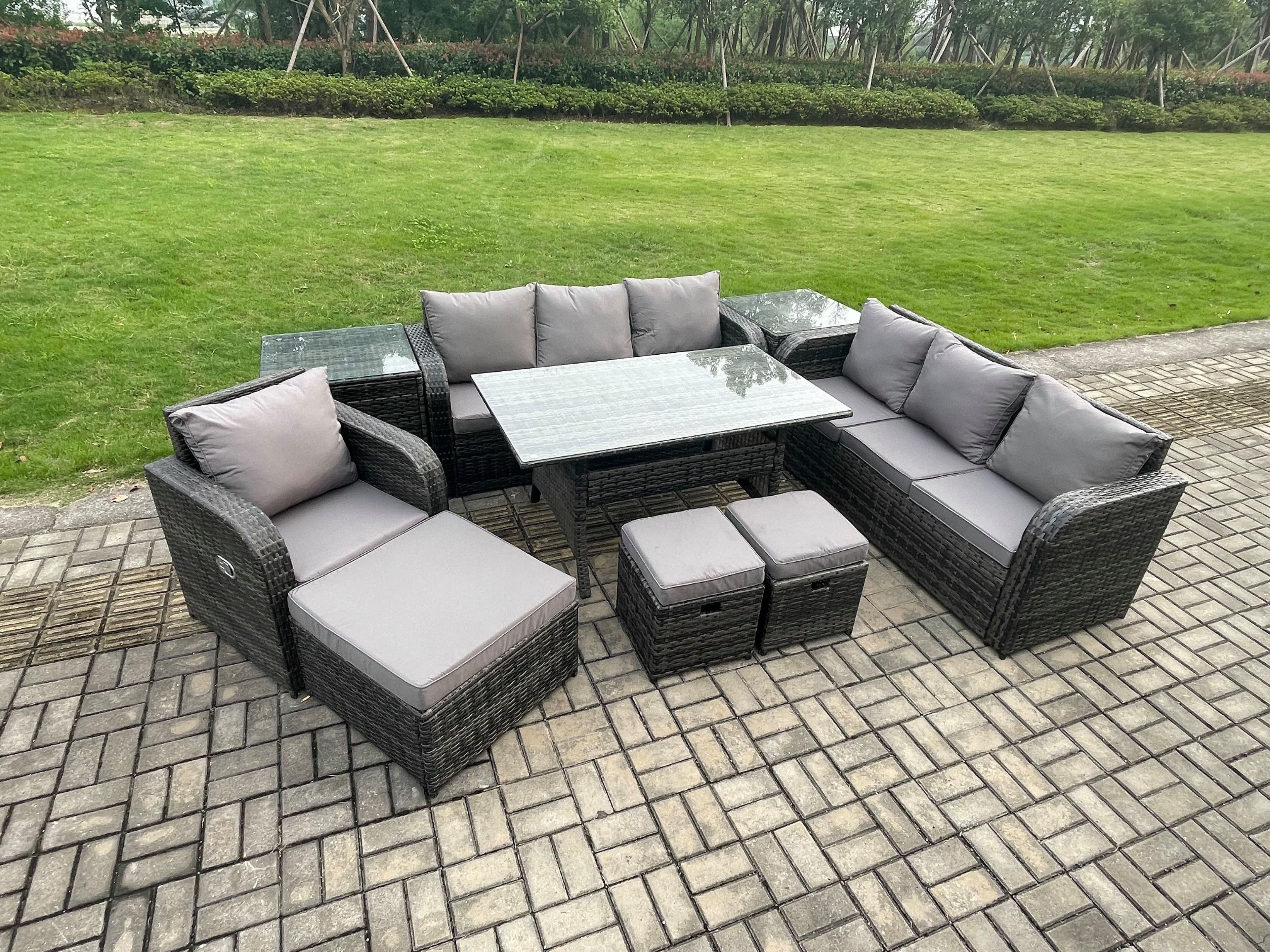 10 Seater Outdoor Rattan Garden Furniture Set Oblong Rectangular Dining Table Chairs Set 3 Seater Sofa 3PC Footstools 2 Side Tables