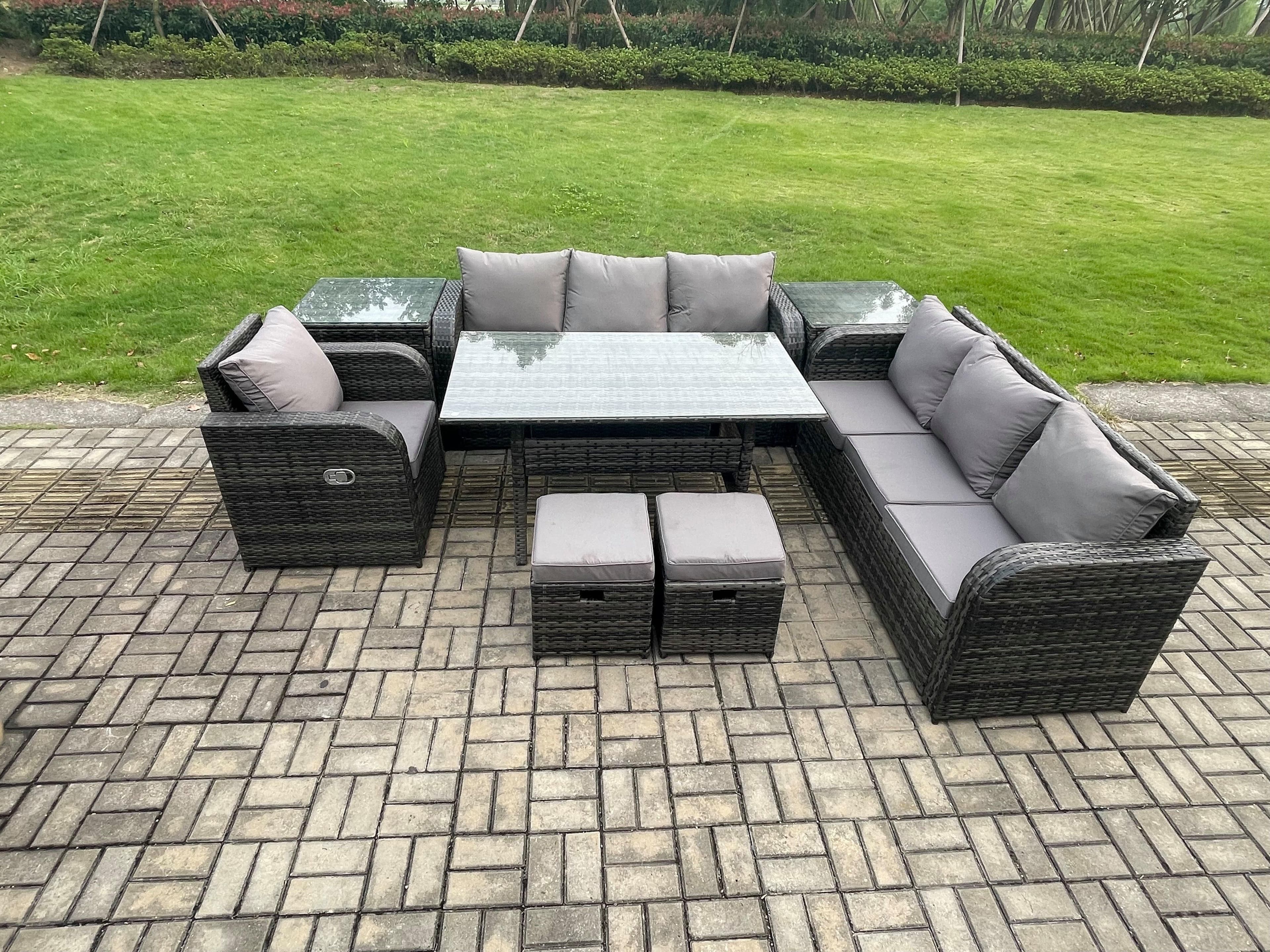 Outdoor Rattan Garden Furniture Set Oblong Dining Table Chairs Set 3 Seater Sofa Small Footstools Side Tables Dark Grey Mixed