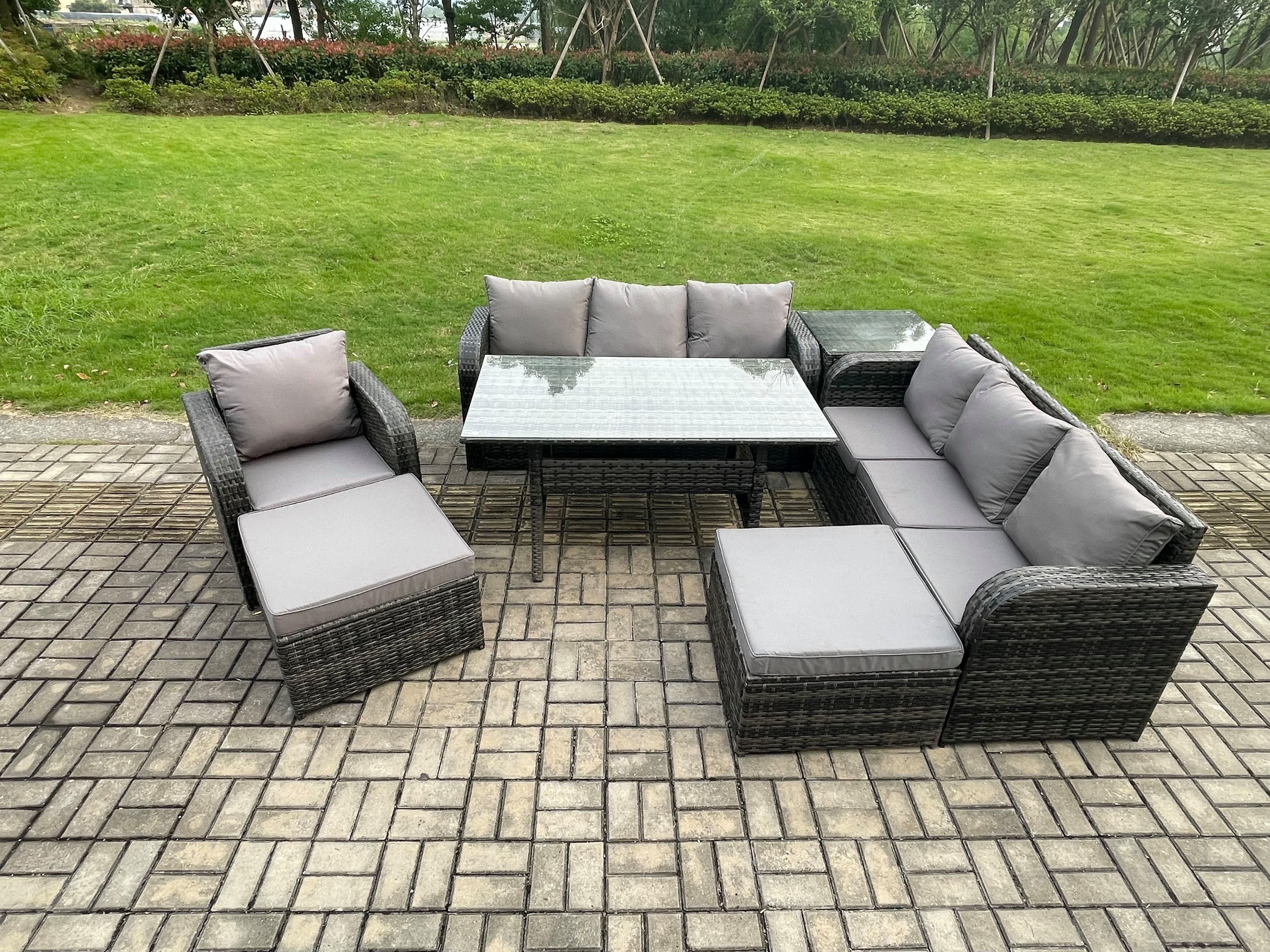 9 Seater Outdoor Rattan Garden Furniture Set Oblong Dining Table Chairs Set 3 Seater Sofa 2 Big Footstool Side Table Dark Grey Mixed