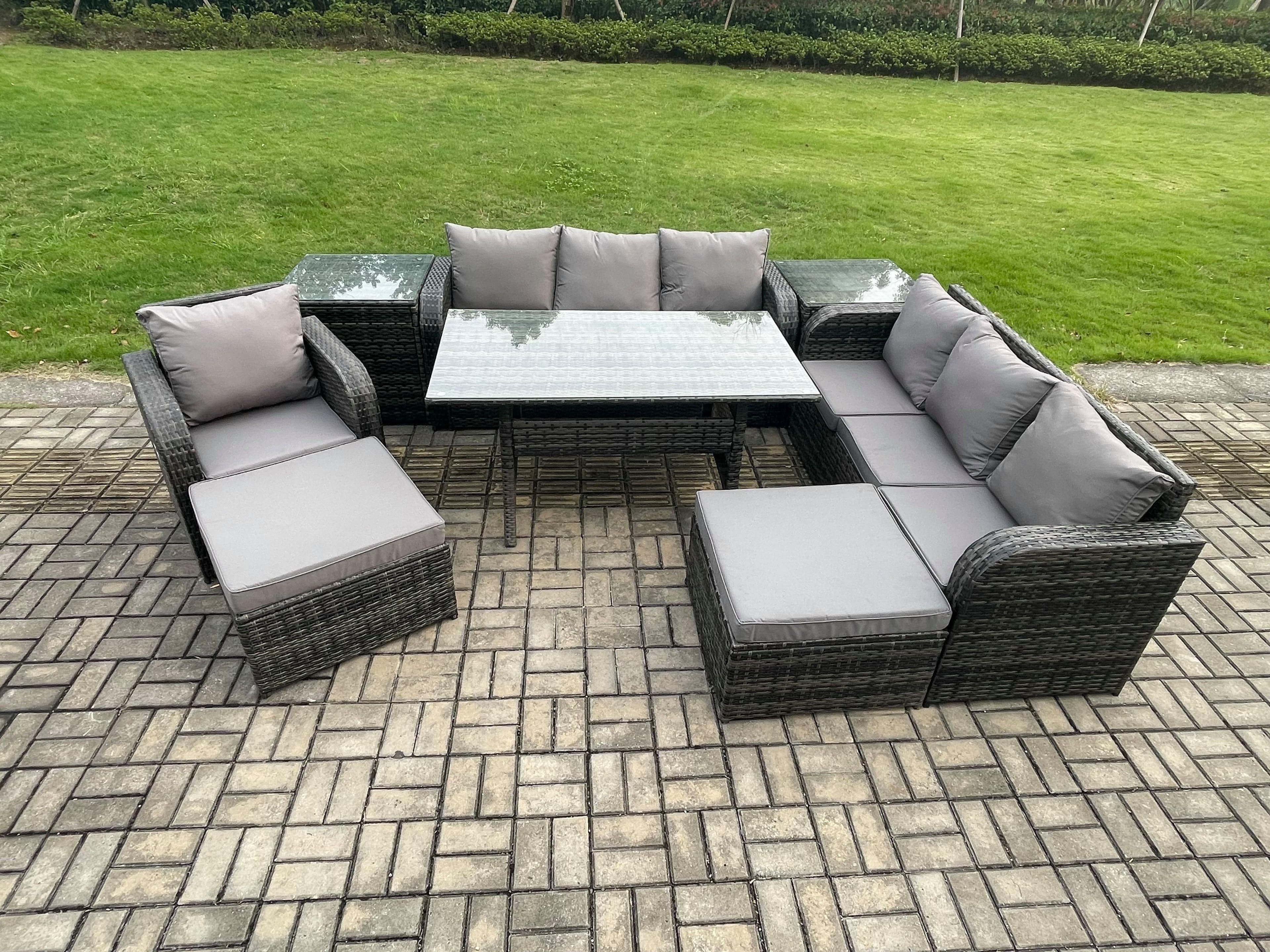Outdoor Rattan Garden Furniture Set Oblong Dining Table Chairs Set 3 Seater Sofa 2 Big Footstool 2 Side Tables Dark Grey Mixed