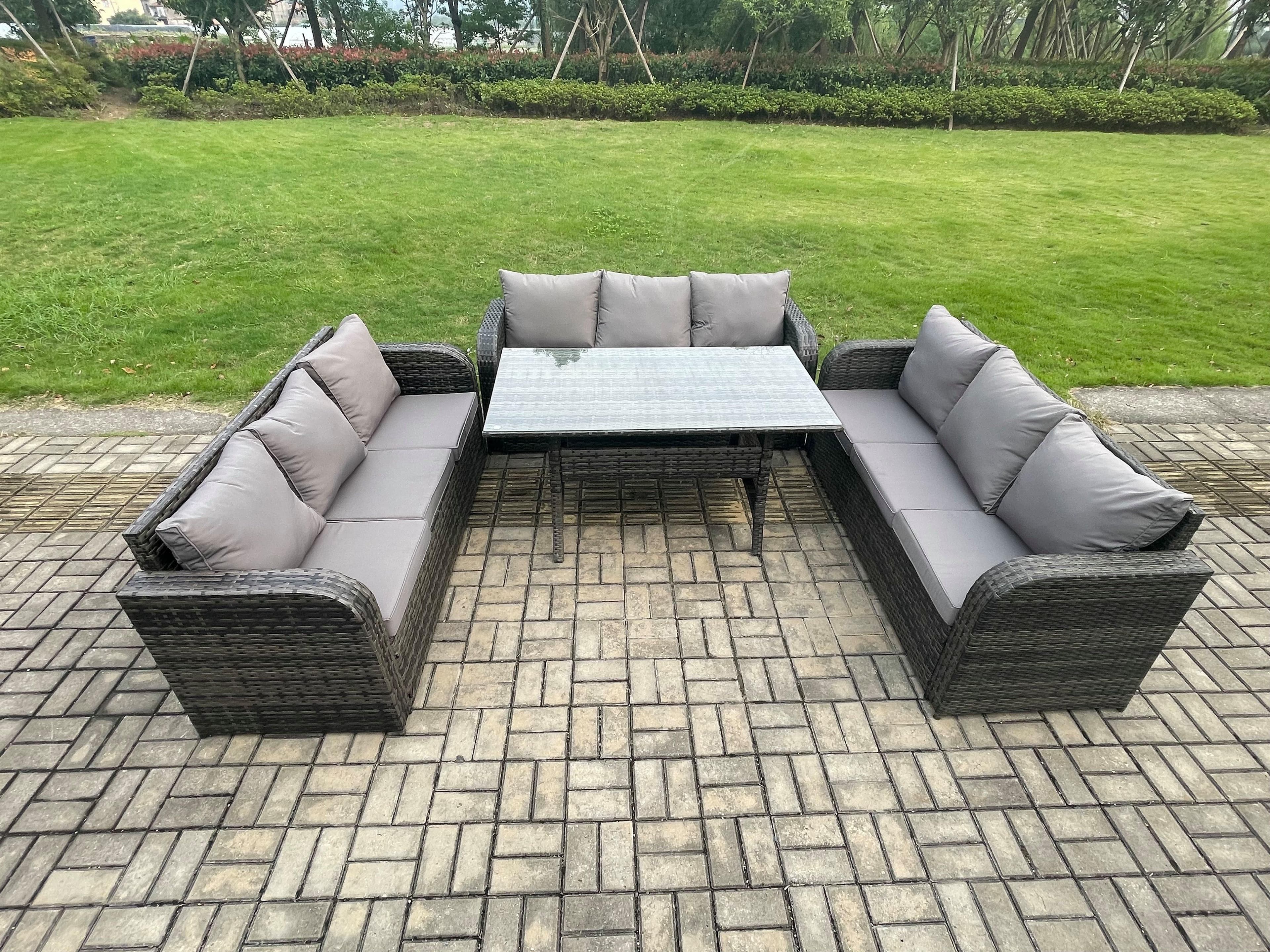 Patio Rattan Garden Furniture Set Oblong Rectangular Dining Table 9 Seater Outdoor Lounge Sofa Set Dark Grey Mixed