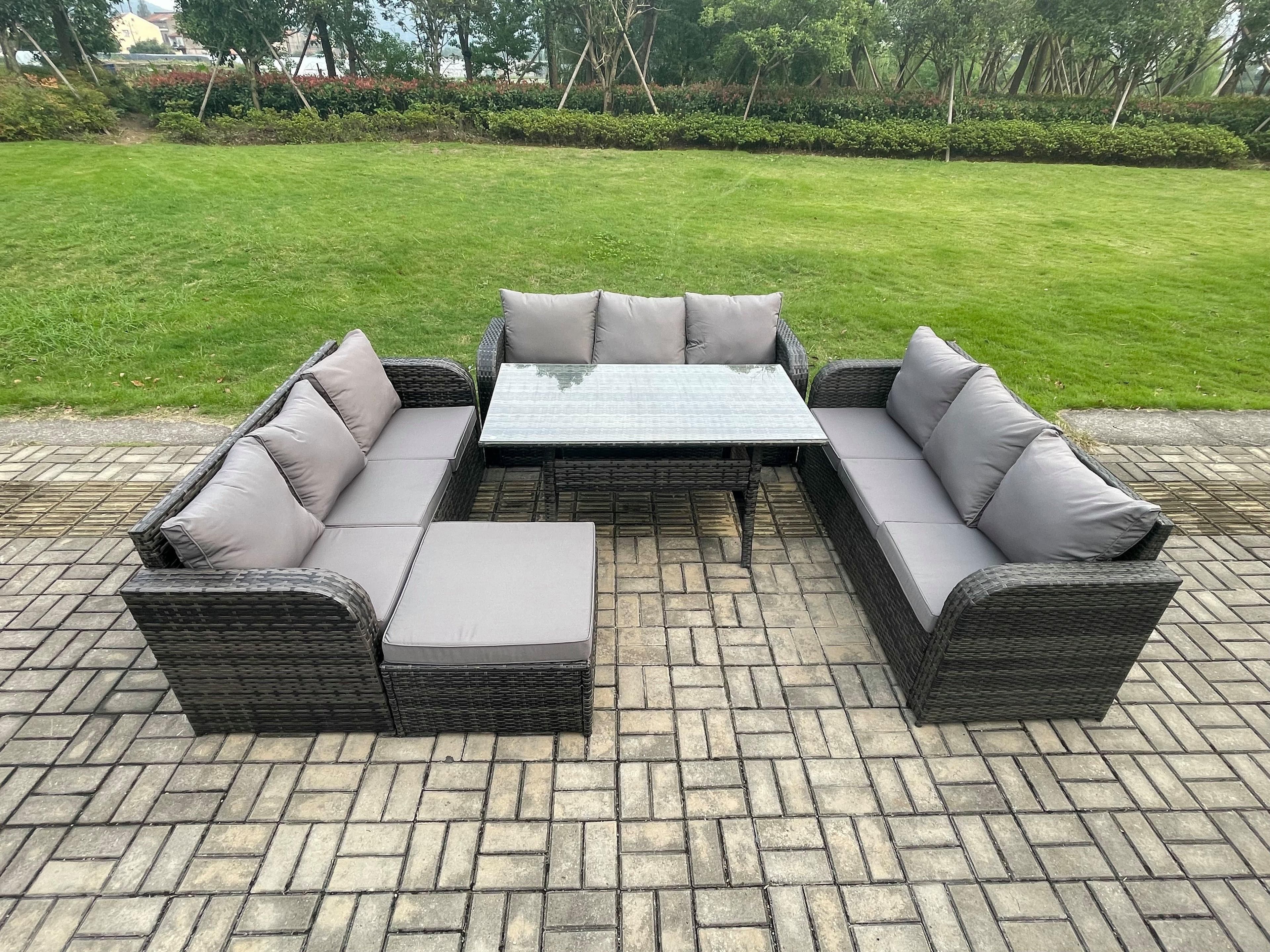 Patio Rattan Garden Furniture Set Oblong Rectangular Dining Table Big Footstool 10 Seater Outdoor Lounge Sofa Set Dark Grey Mixed