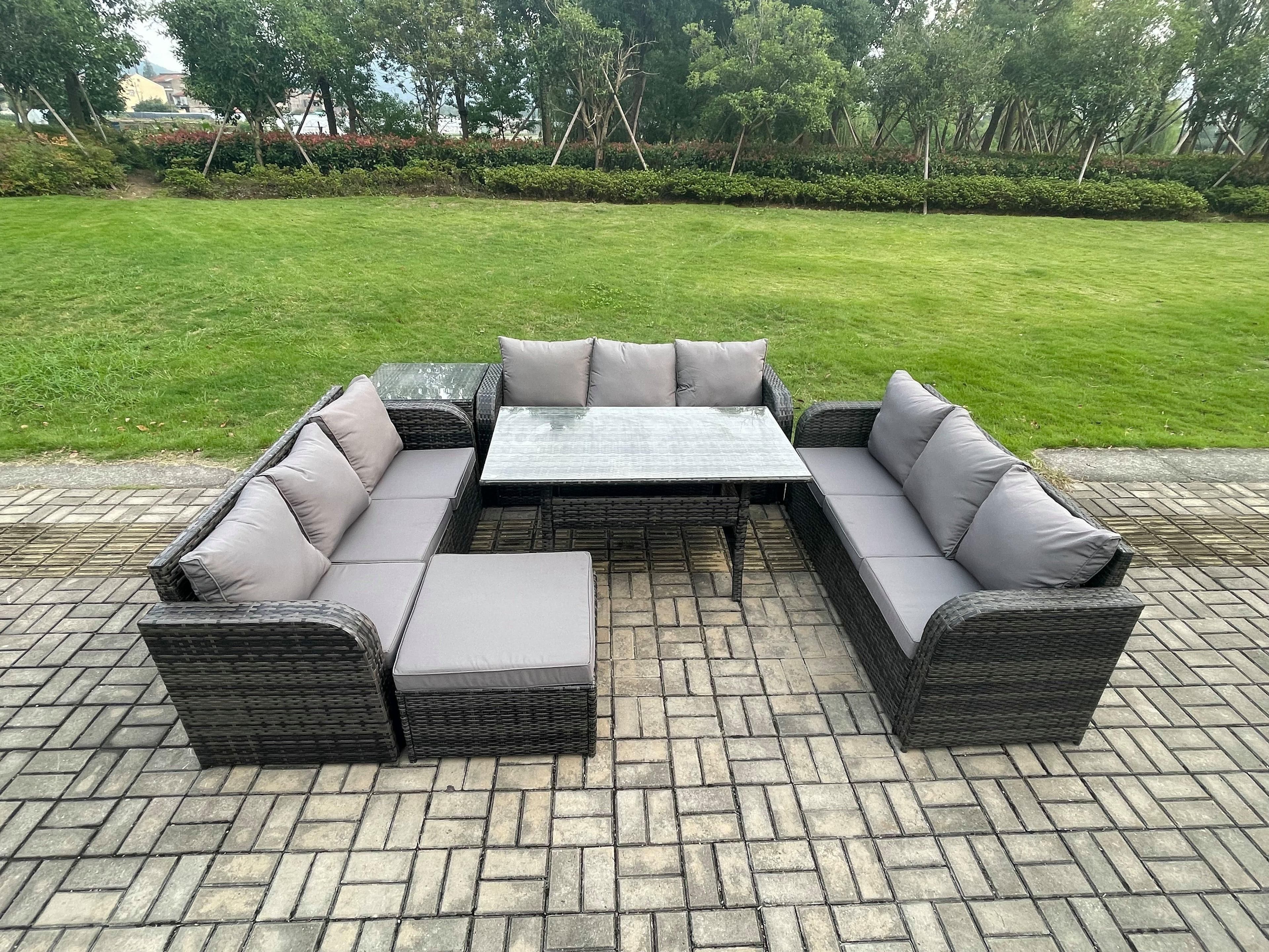 Patio Rattan Garden Furniture Set Oblong Rectangular Dining Table Big Footstool Side Table 10 Seater Outdoor Lounge Sofa Set