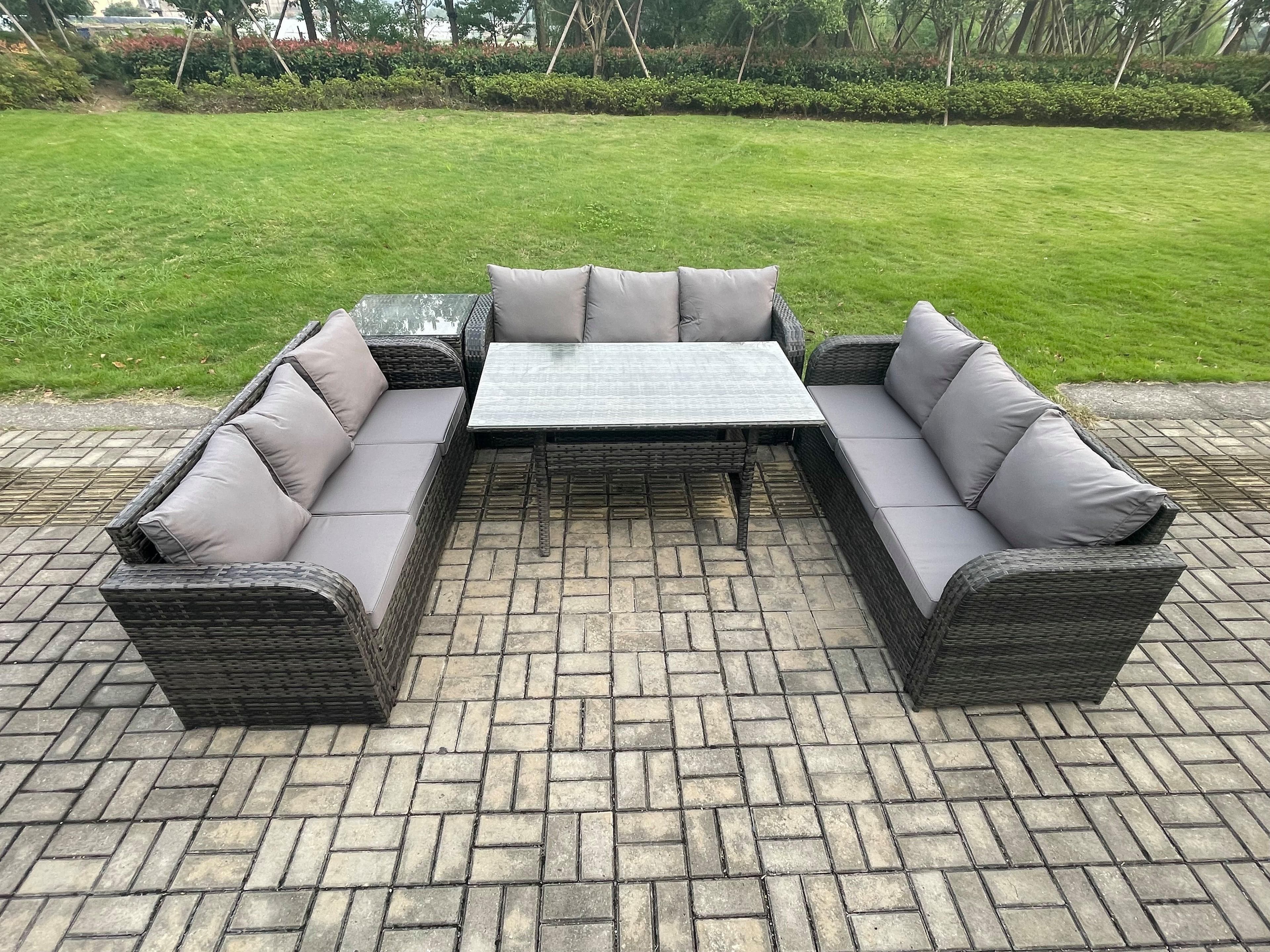Rattan Garden Furniture Set Oblong Rectangular Dining Table Side Table 9 Seater Outdoor Lounge Sofa Set Dark Grey Mixed