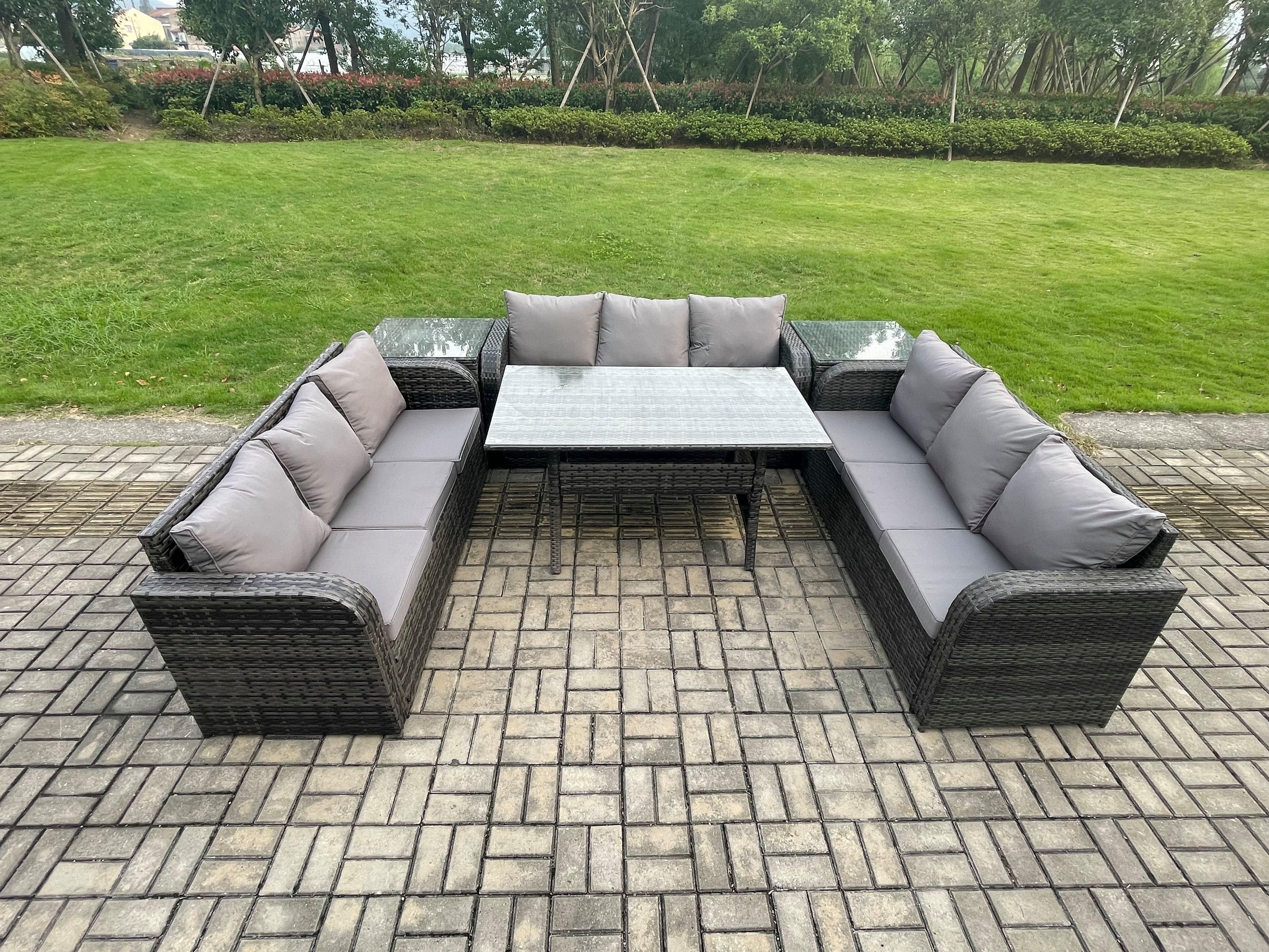 Rattan Garden Furniture Set Oblong Rectangular Dining Table 2 Side Tables 9 Seater Outdoor Lounge Sofa Set Dark Grey Mixed