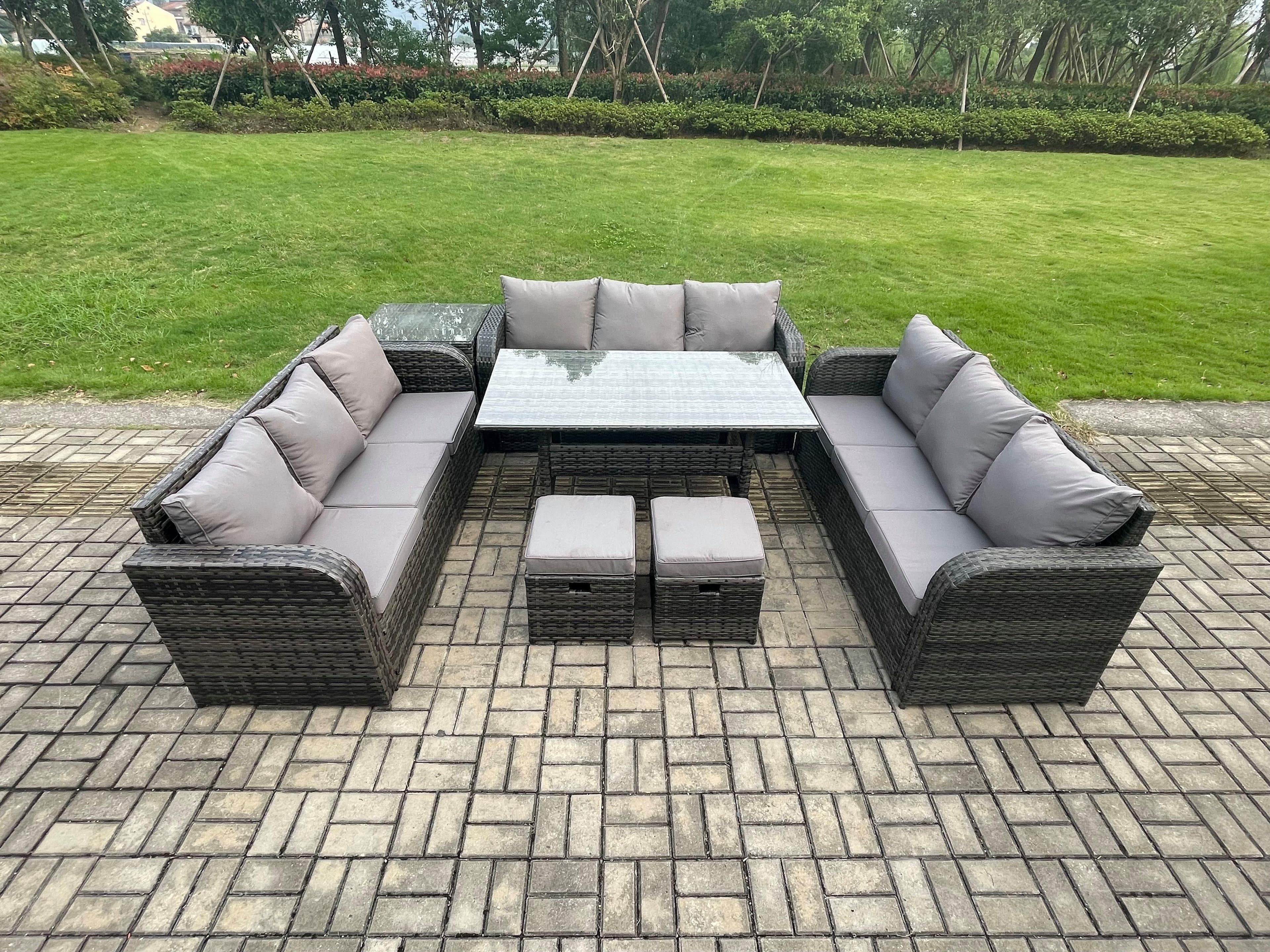 Patio Rattan Garden Furniture Set Oblong Rectangular Dining Table 2 Small Footstools Side Table 11 Seater Outdoor Lounge Sofa Set