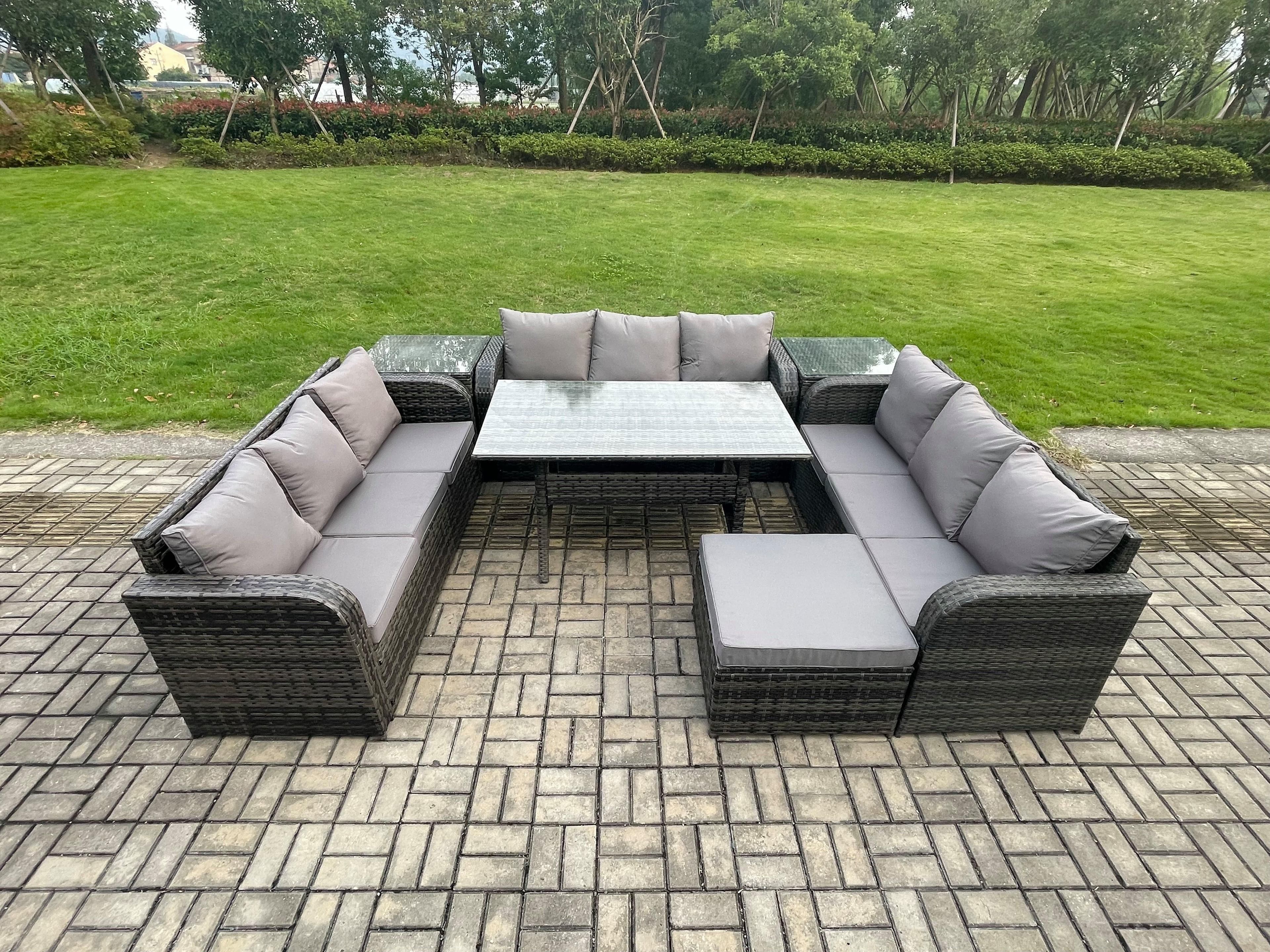 Patio Rattan Garden Furniture Set Oblong Rectangular Dining Table Big Footstool 2 Side Tables 10 Seater Outdoor Lounge Sofa Set