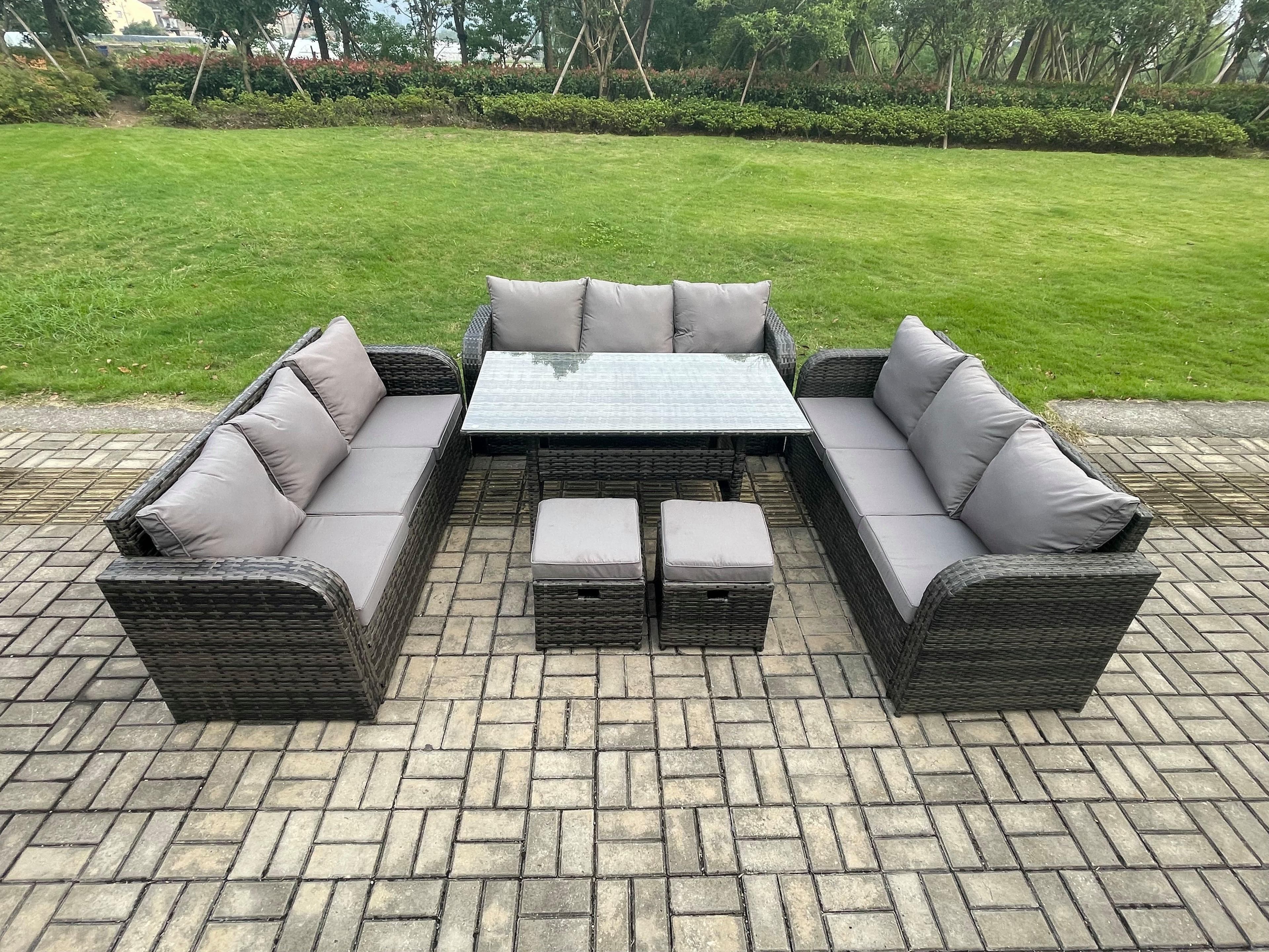 Rattan Garden Furniture Set Oblong Rectangular Dining Table 2 Small Footstools 11 Seater Outdoor Lounge Sofa Set Dark Grey Mixed