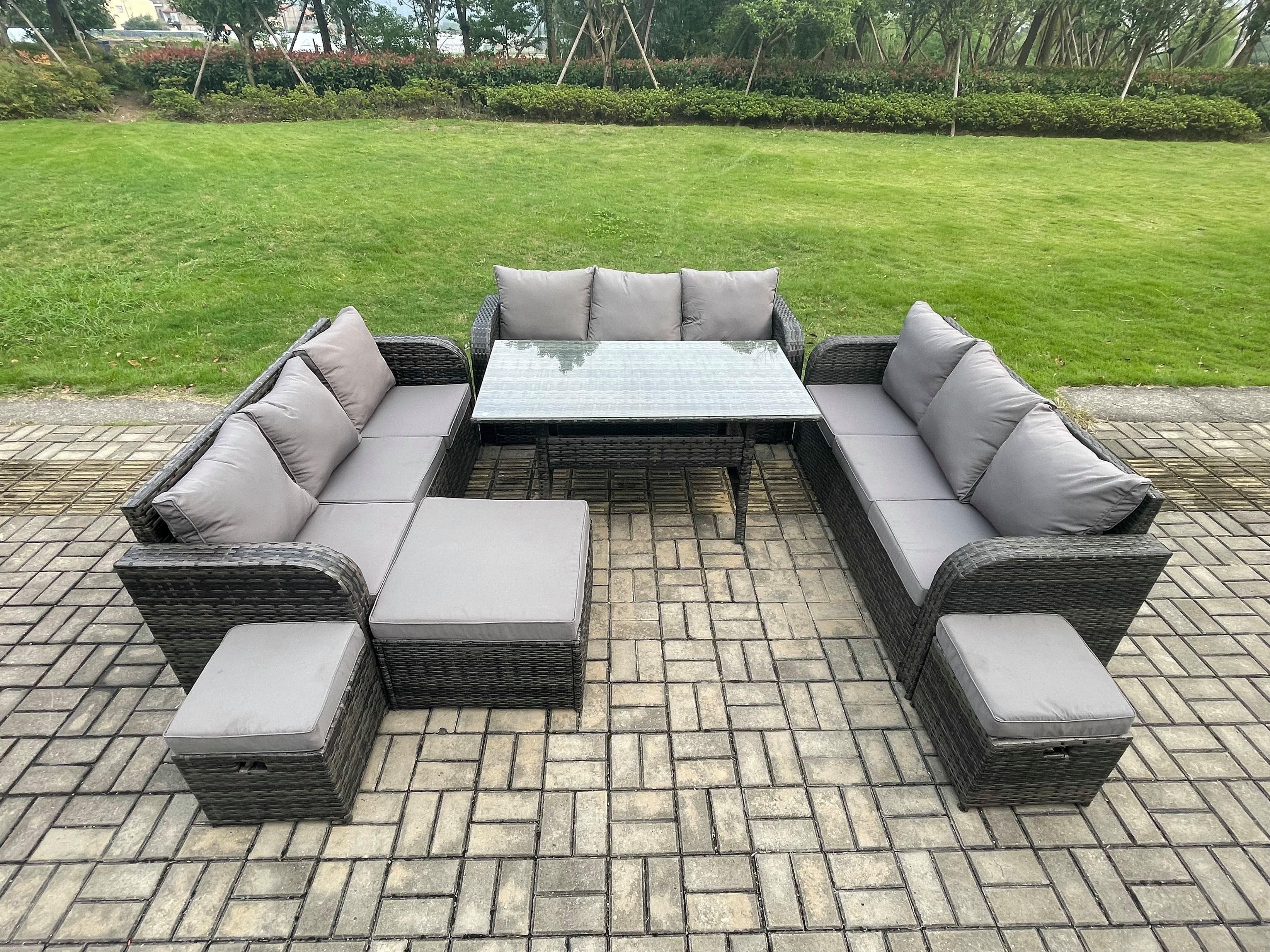 Patio Rattan Garden Furniture Set Oblong Rectangular Dining Table 3 Footstools 12 Seater Outdoor Lounge Sofa Set Dark Grey Mixed