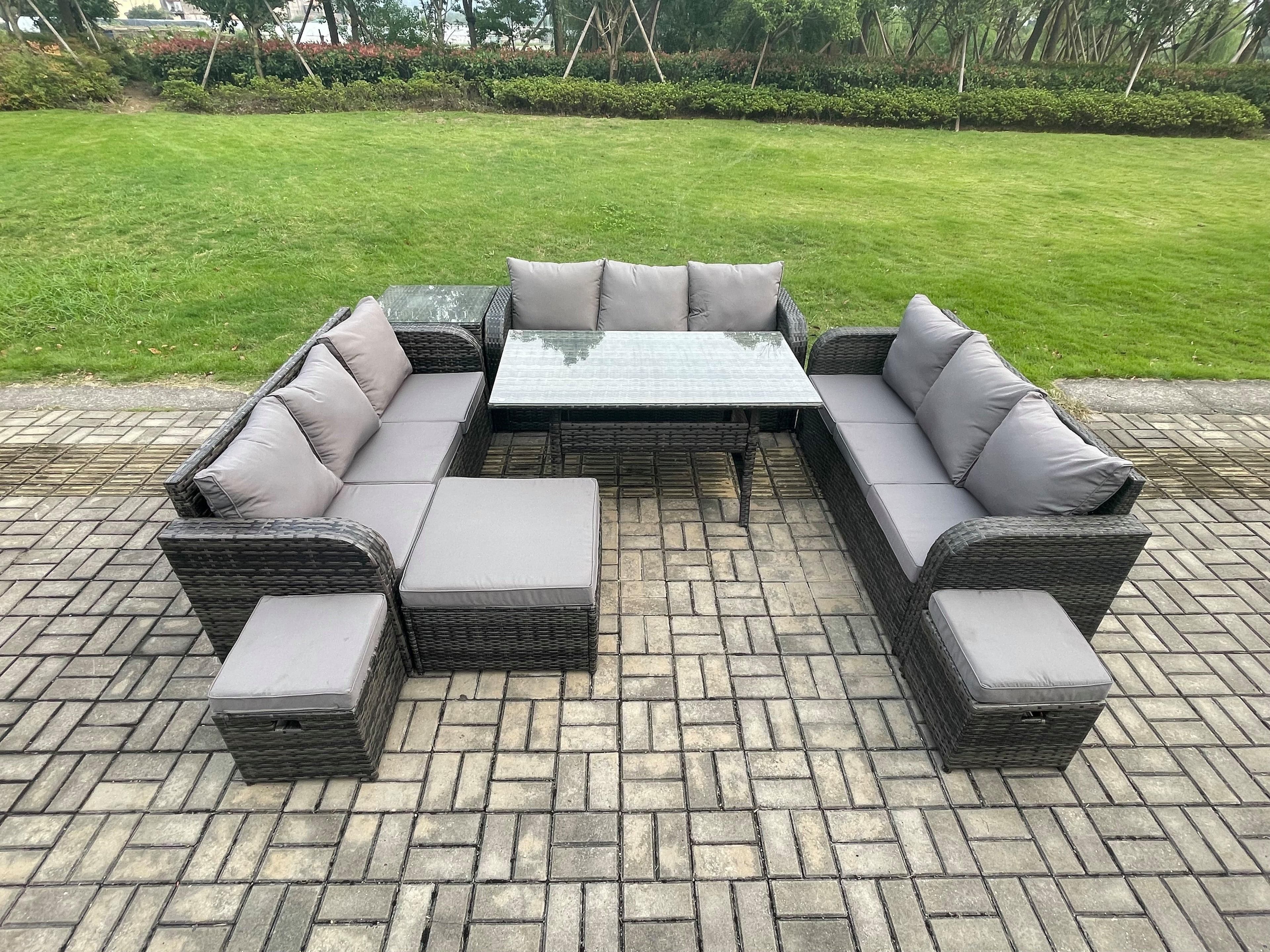 Rattan Garden Furniture Set Oblong Rectangular Dining Table 3 Footstools Side Table 11 Seater Outdoor Lounge Sofa Set Dark Grey Mixed