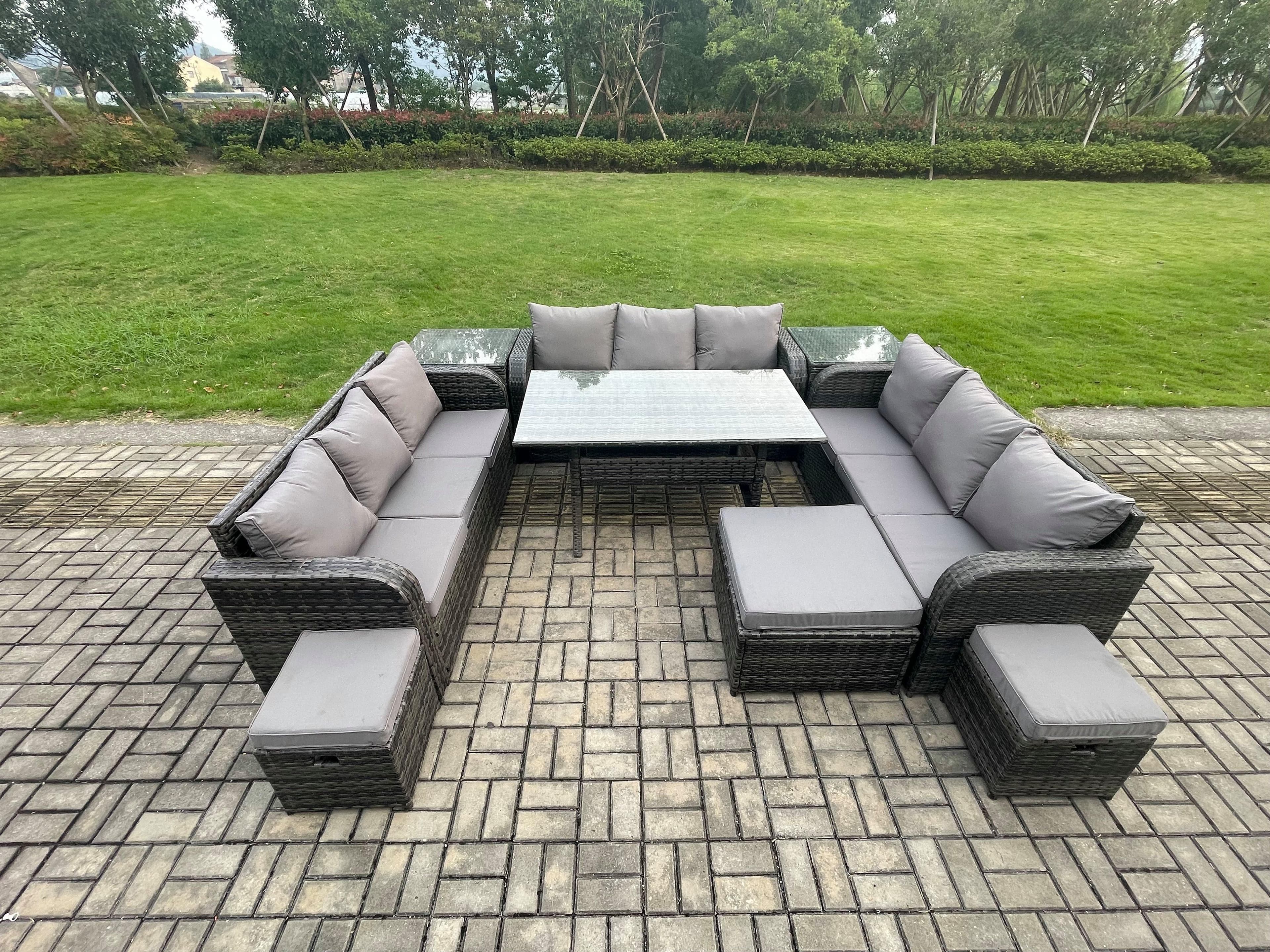 Patio Rattan Garden Furniture Set Oblong Rectangular Dining Table 3 Footstools 2 Side Table 12 Seater Outdoor Lounge Sofa Set