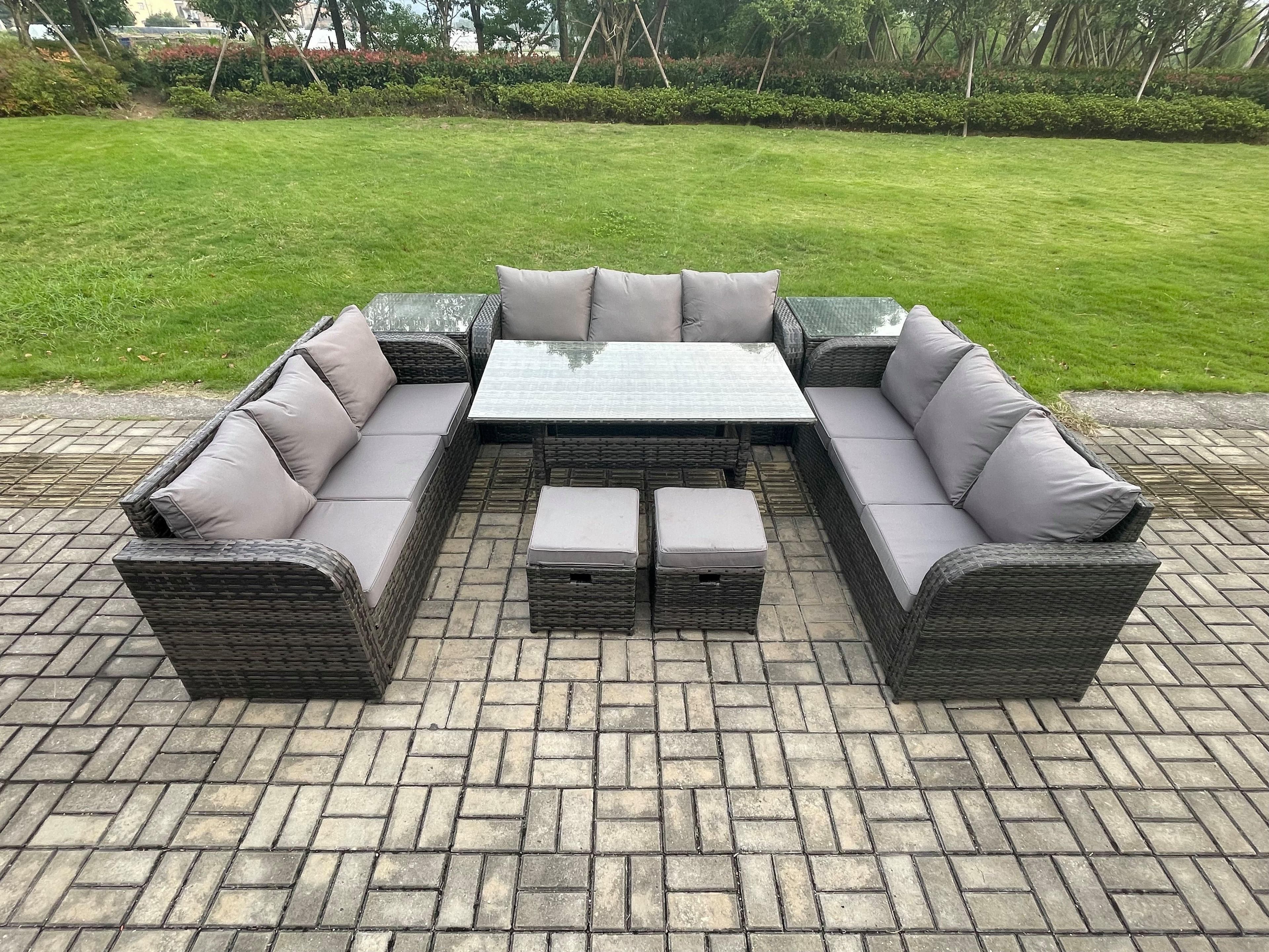 Patio Rattan Garden Furniture Set Oblong Rectangular Dining Table 2 Small Footstools 2 Side Table 11 Seater Outdoor Lounge Sofa Set