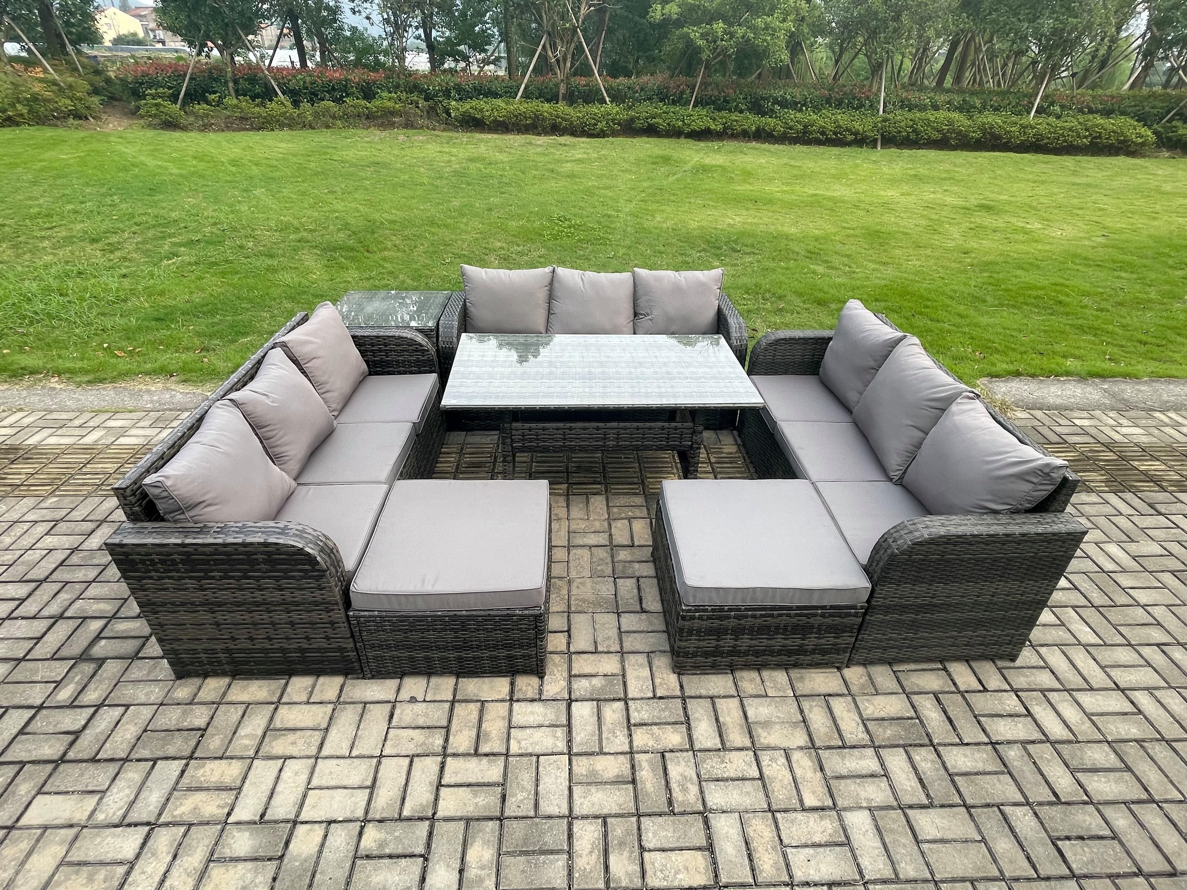 Wicker PE Rattan Sofa Outdoor Garden Furniture Set Rectangular Dining Table 2 Big Footstool Side Table Dark Grey Mixed