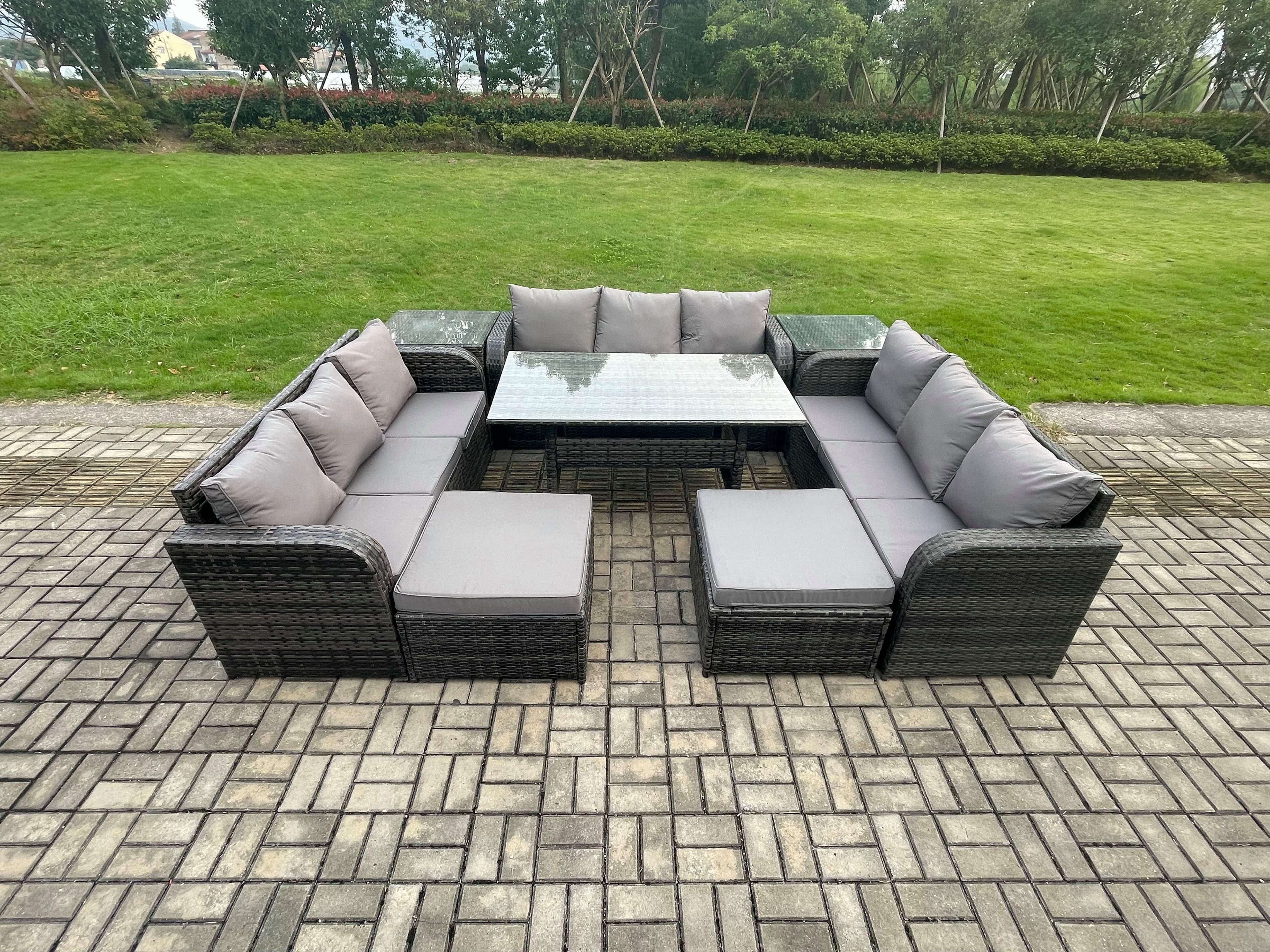 Wicker PE Rattan Sofa Outdoor Garden Furniture Set Rectangular Dining Table 2 Big Footstool 2 Side Tables Dark Grey Mixed