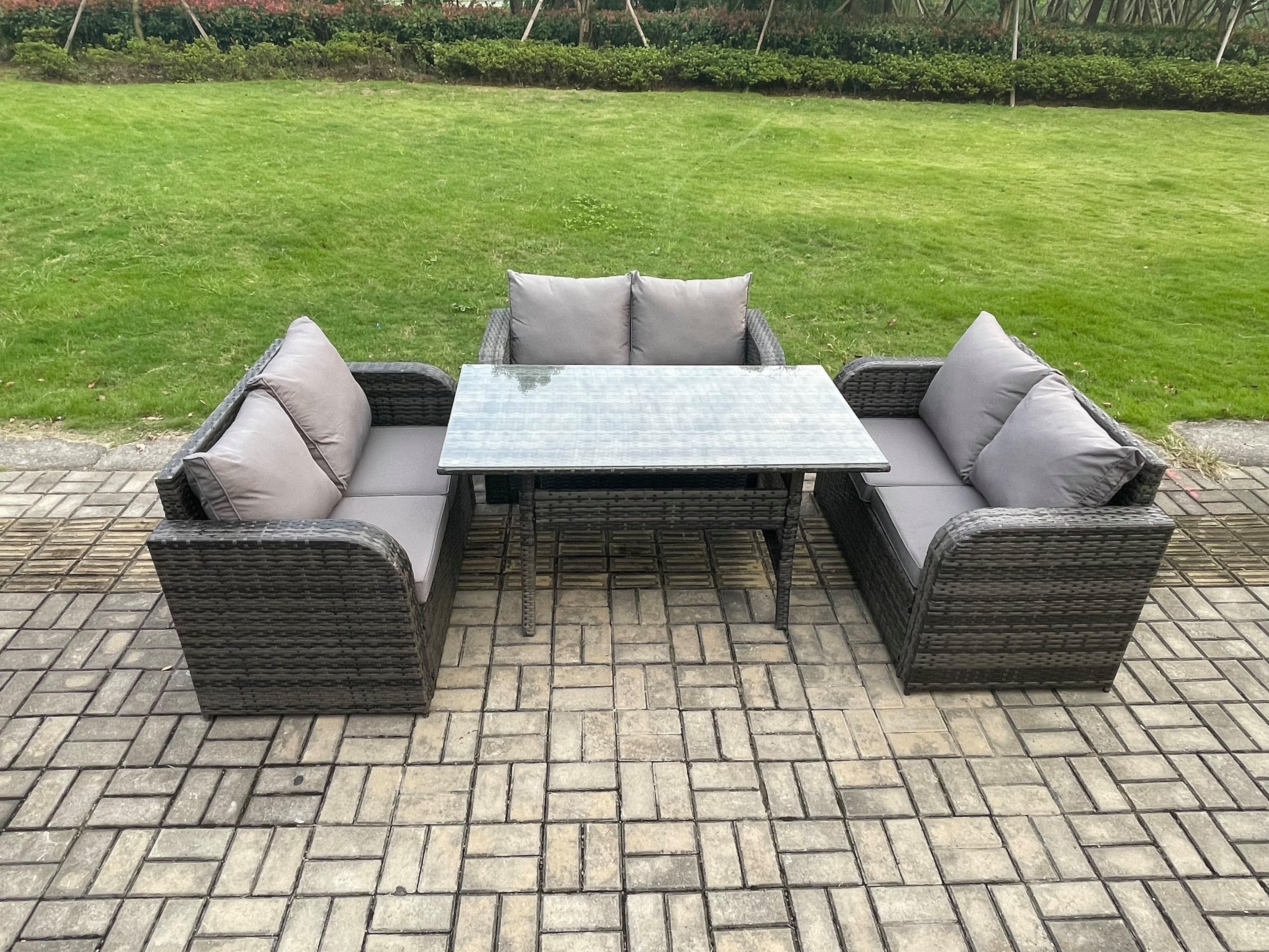 Wicker PE Rattan Sofa Outdoor Garden Furniture Set Rectangular Dining Table Dark Grey Mixed