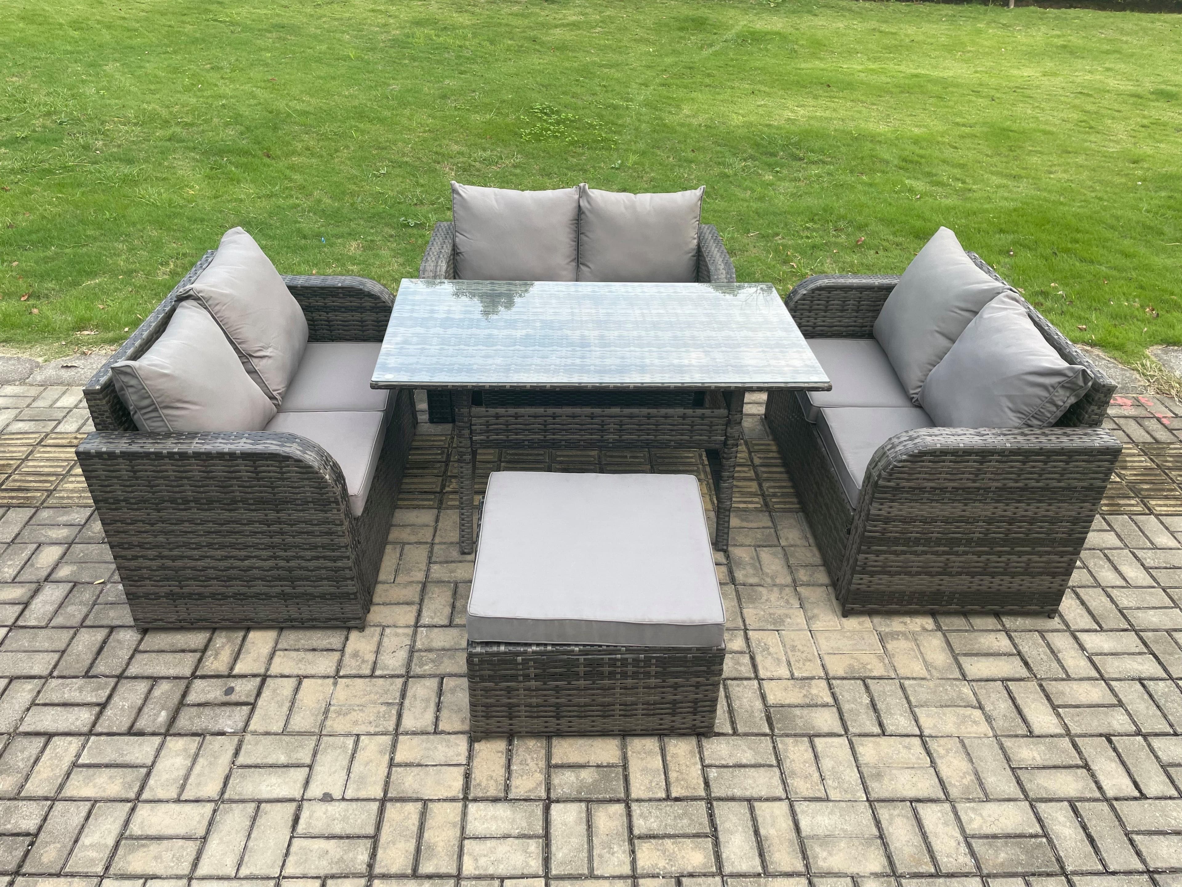 Wicker PE Rattan Sofa Outdoor Garden Furniture Set Rectangular Dining Table Big Footstool Dark Grey Mixed
