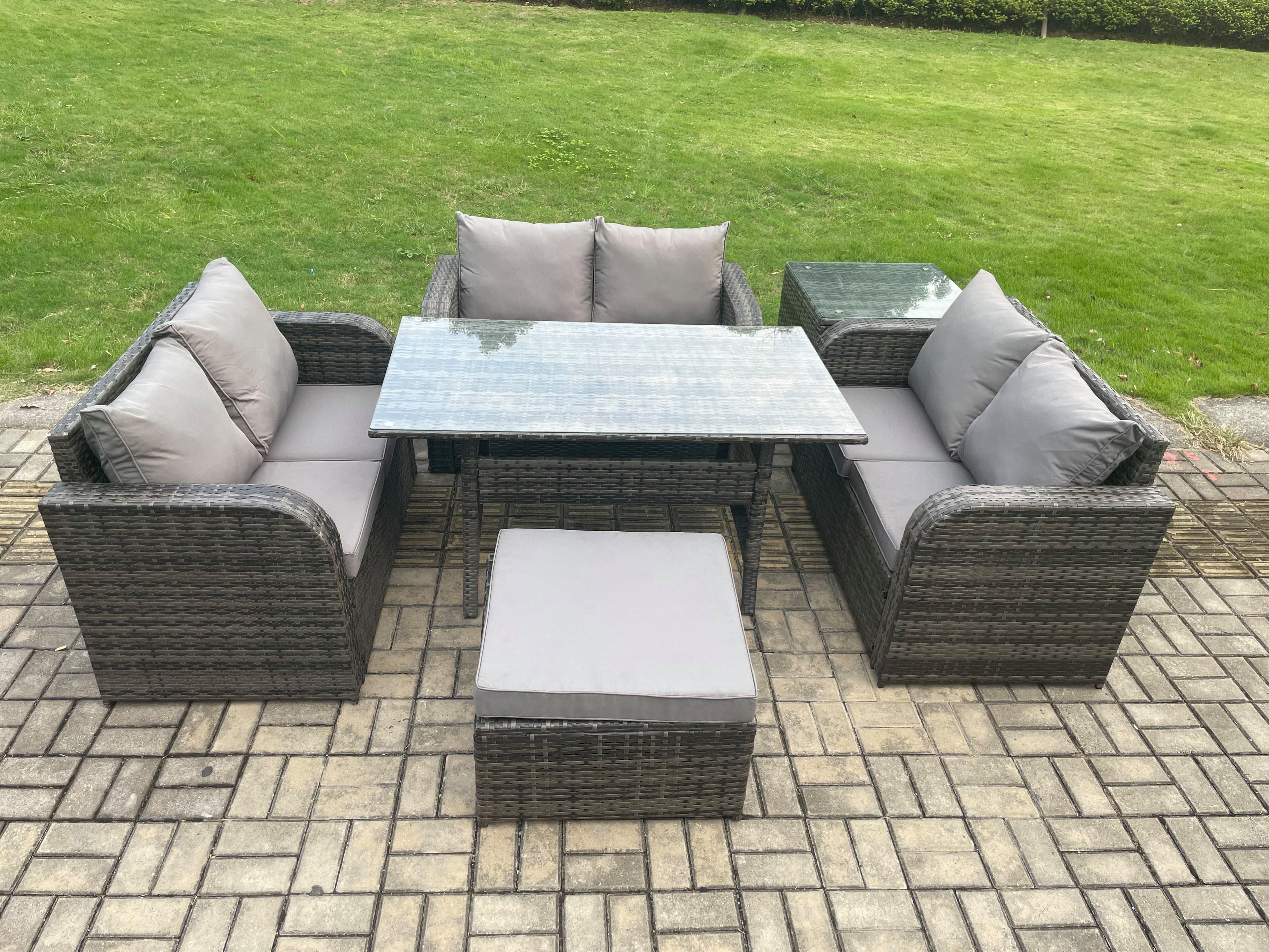 Wicker PE Rattan Sofa Outdoor Garden Furniture Set Rectangular Dining Table Big Footstool Side Table Dark Grey Mixed