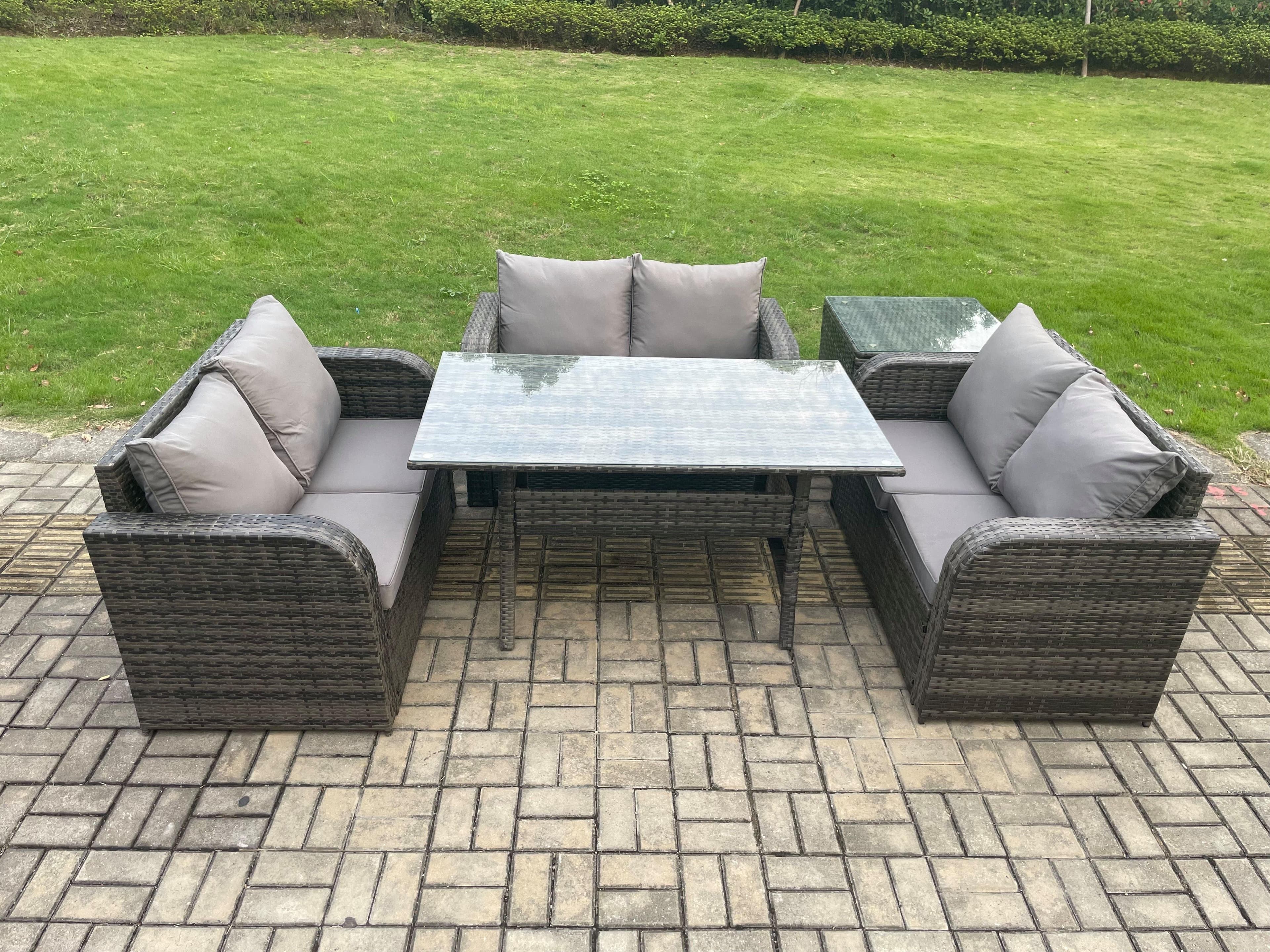 Wicker PE Rattan Sofa Outdoor Garden Furniture Set Rectangular Dining Table Side Table Dark Grey Mixed