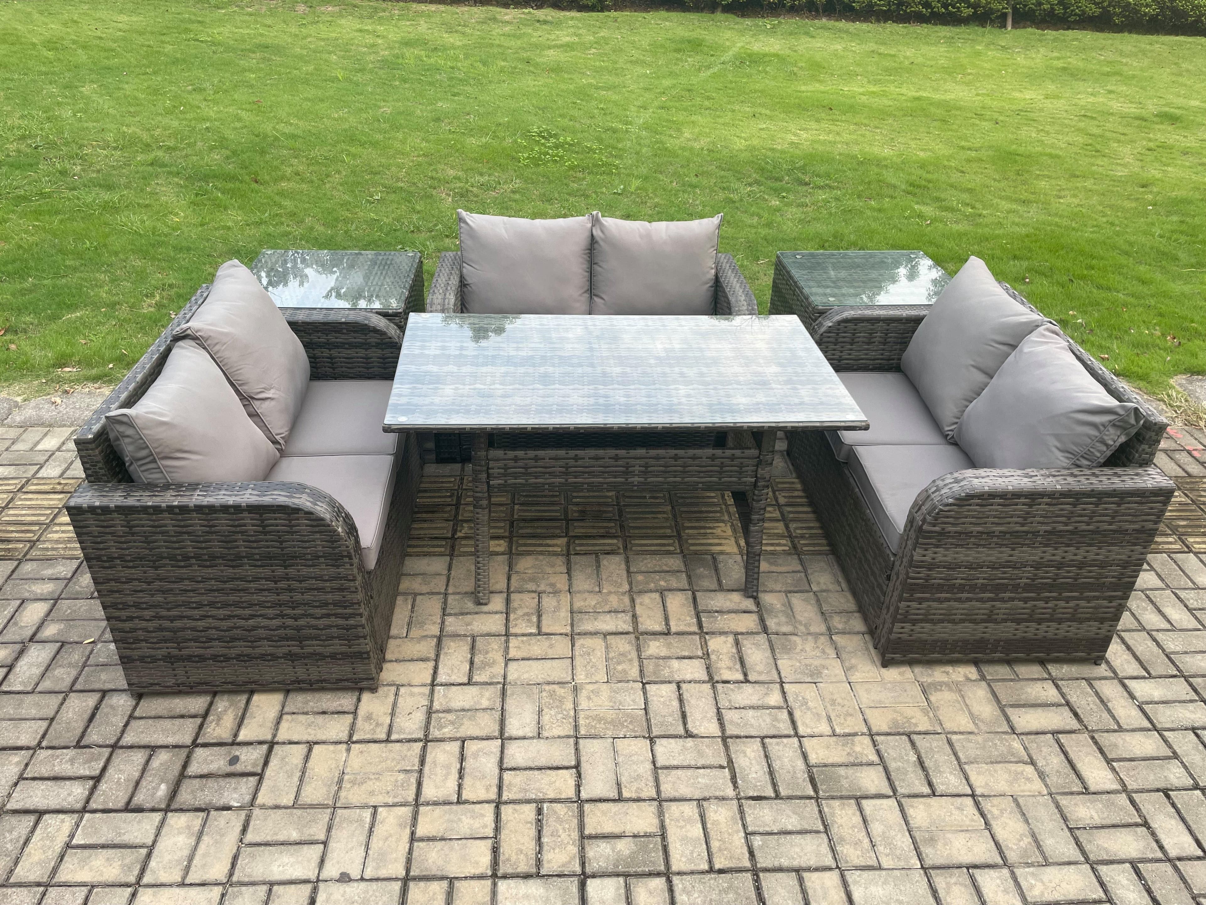 6 Seater Outdoor Rattan Garden Furniture Set Patio Love Sofa Rectangular Dining Table 2 Side Tables Dark Grey Mixed