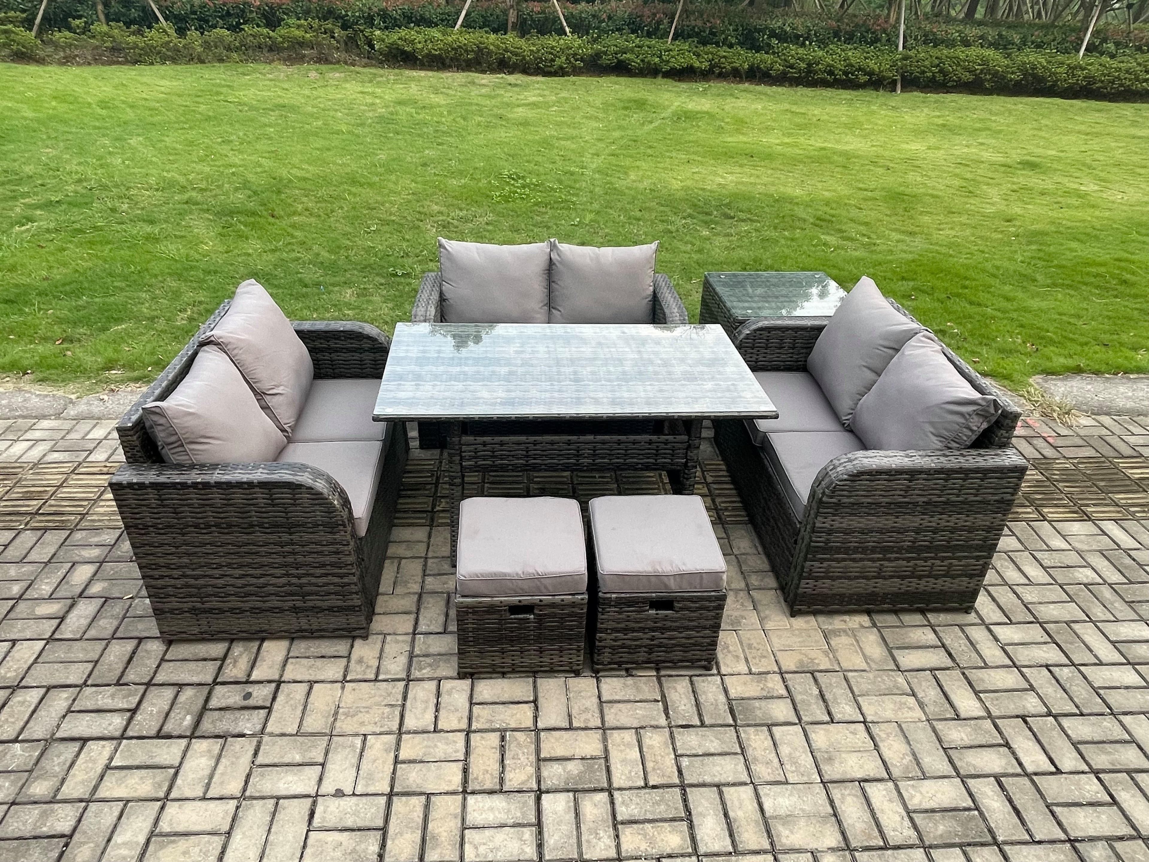 8 Seater Outdoor Rattan Garden Furniture Set Patio Rectangular Dining Table Love Sofa Side Table 2 Small Footstools Dark Grey Mixed