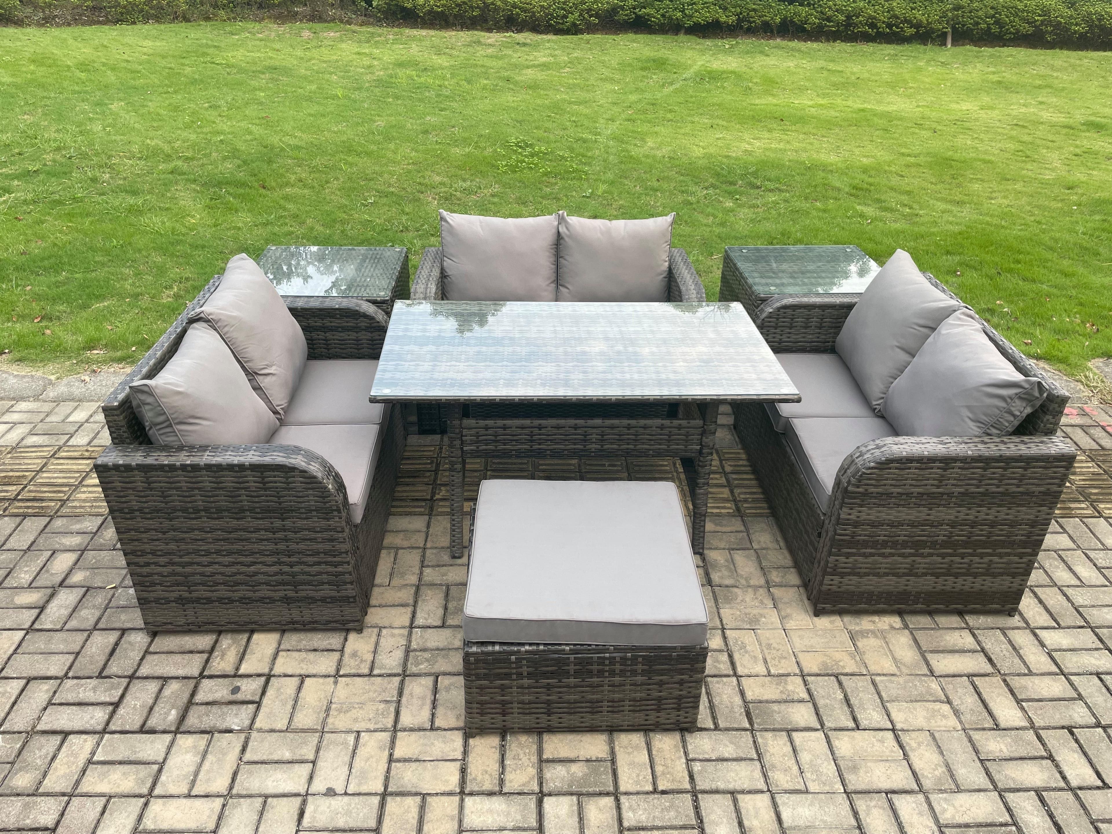 7 Seater Outdoor Rattan Garden Furniture Set Patio Rectangular Dining Table Love Sofa 2 Side Tables Big Footstool Dark Grey Mixed