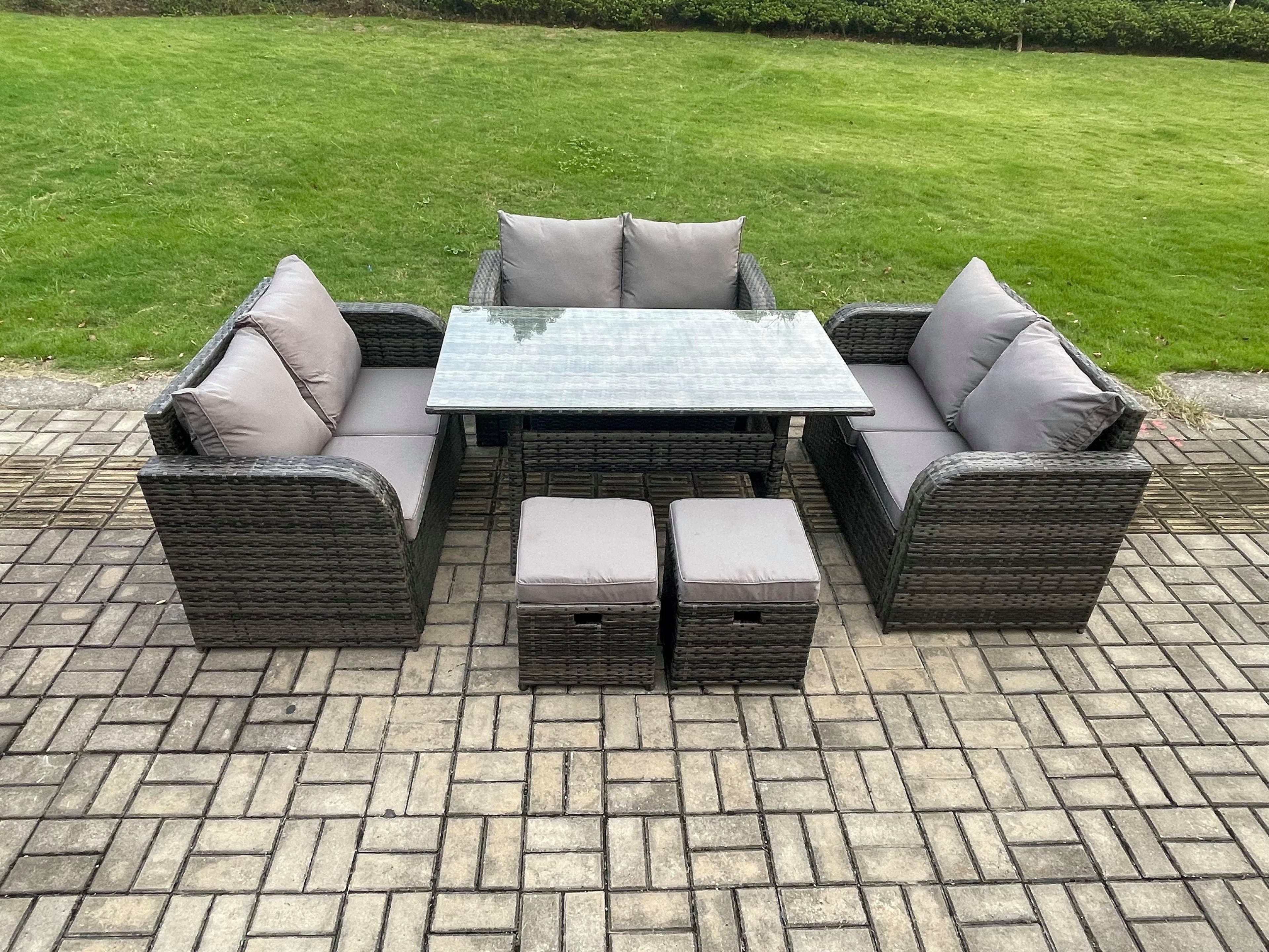 8 Seater Outdoor Rattan Garden Furniture Set Patio Rectangular Dining Table Love Sofa 2 Small Footstools Dark Grey Mixed