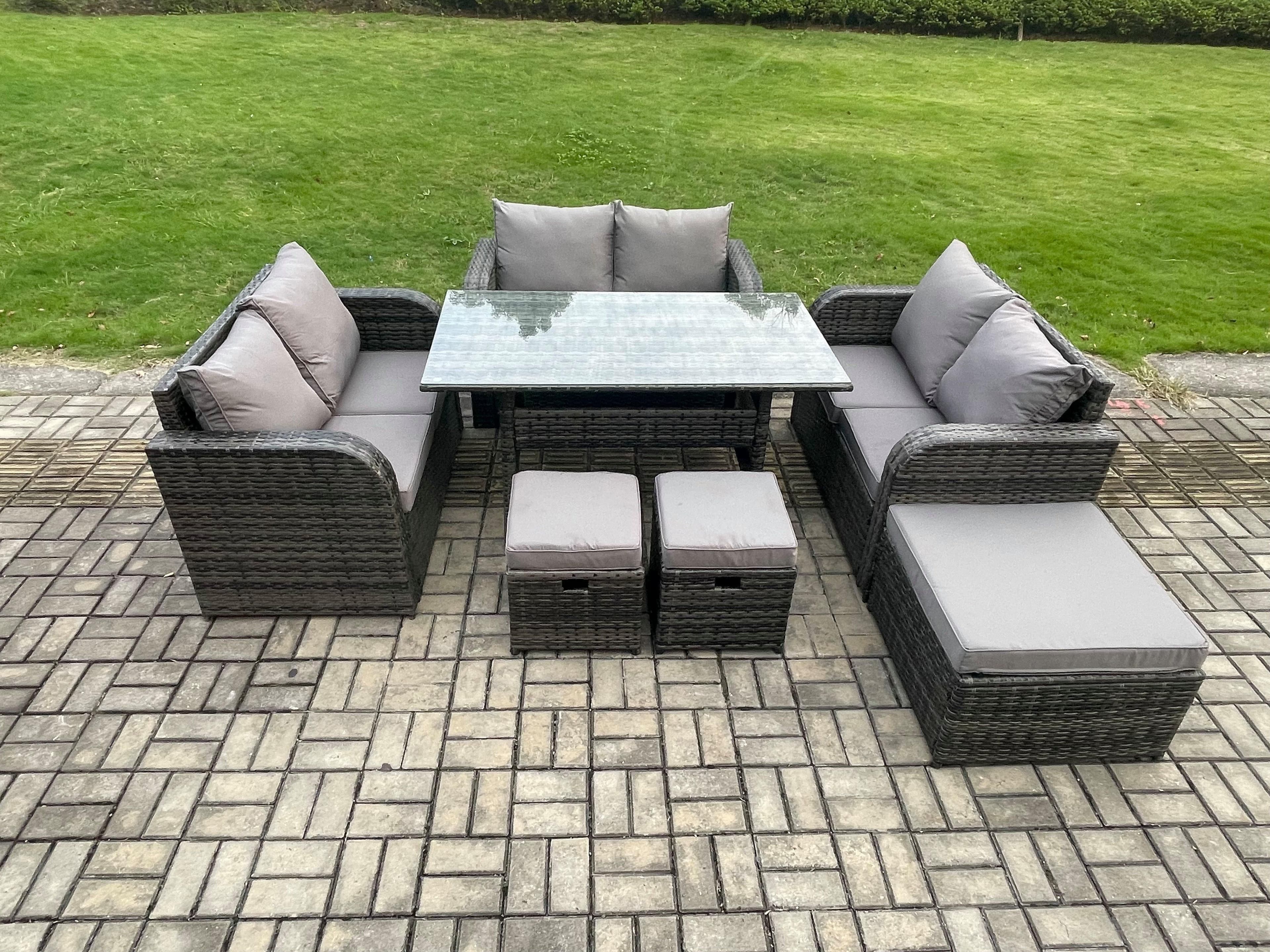 9 Seater Outdoor Rattan Garden Furniture Set Patio Rectangular Dining Table Love Sofa 3 Footstools Dark Grey Mixed
