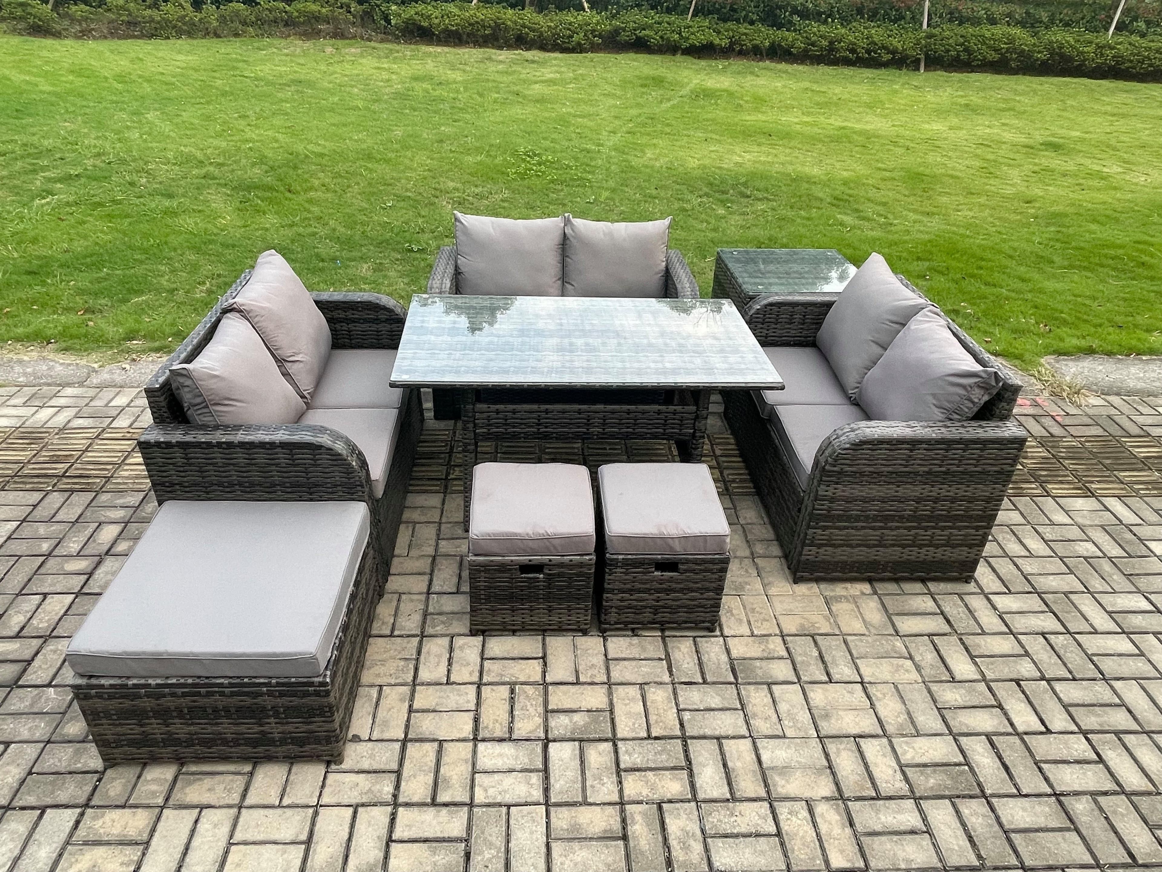 9 Seater Outdoor Rattan Garden Furniture Set Patio Rectangular Dining Table Love Sofa Side Table 3 Footstools Dark Grey Mixed