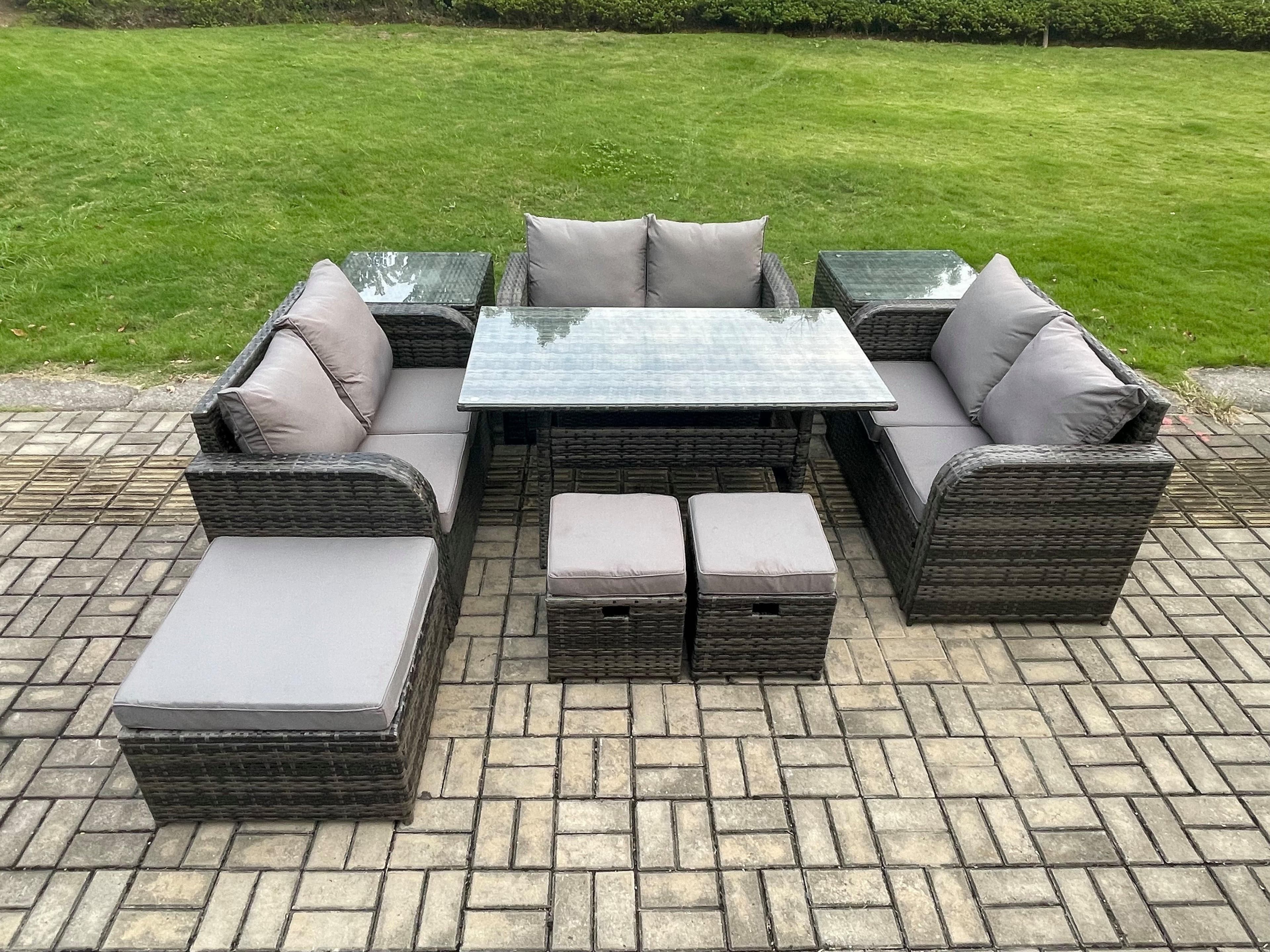 9 Pieces Outdoor Rattan Garden Furniture Set Patio Rectangular Dining Table Love Sofa 2 Side Tables 3 Footstools Dark Grey Mixed