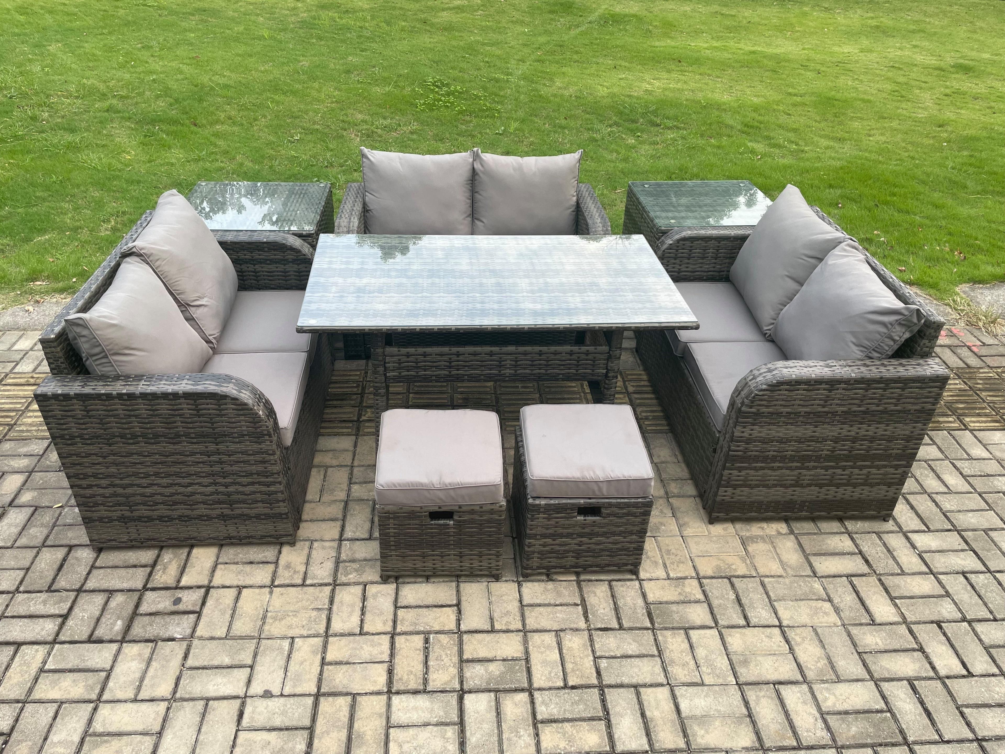 8 Seater Outdoor Rattan Garden Furniture Set Patio Rectangular Dining Table 2 Side Tables Love Sofa 2 Small Footstools Dark Grey Mixed