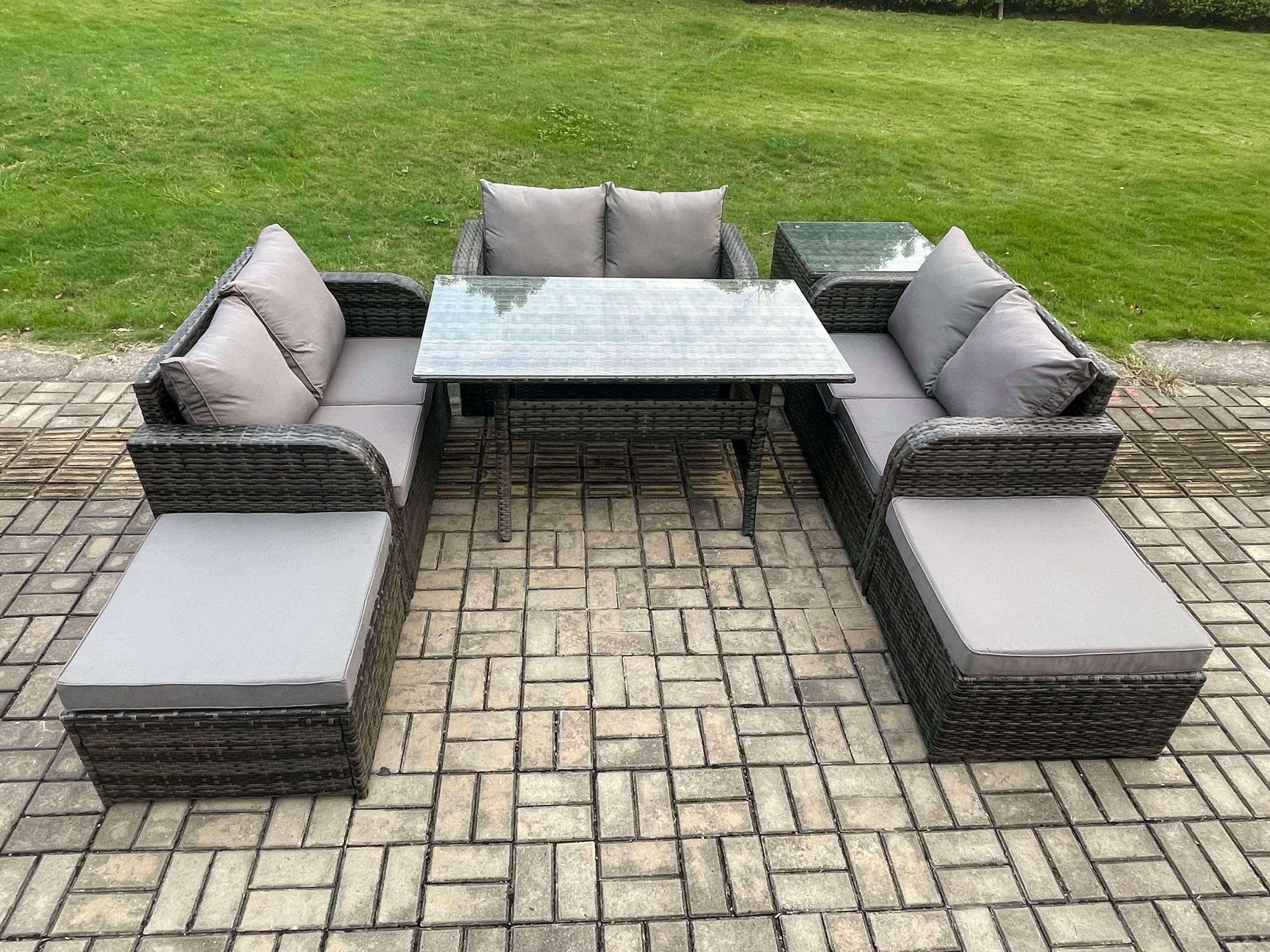 Outdoor Rattan Garden Furniture Lounge Sofa Set Oblong Rectangular Dining Table 2 Big Footstool Side Table