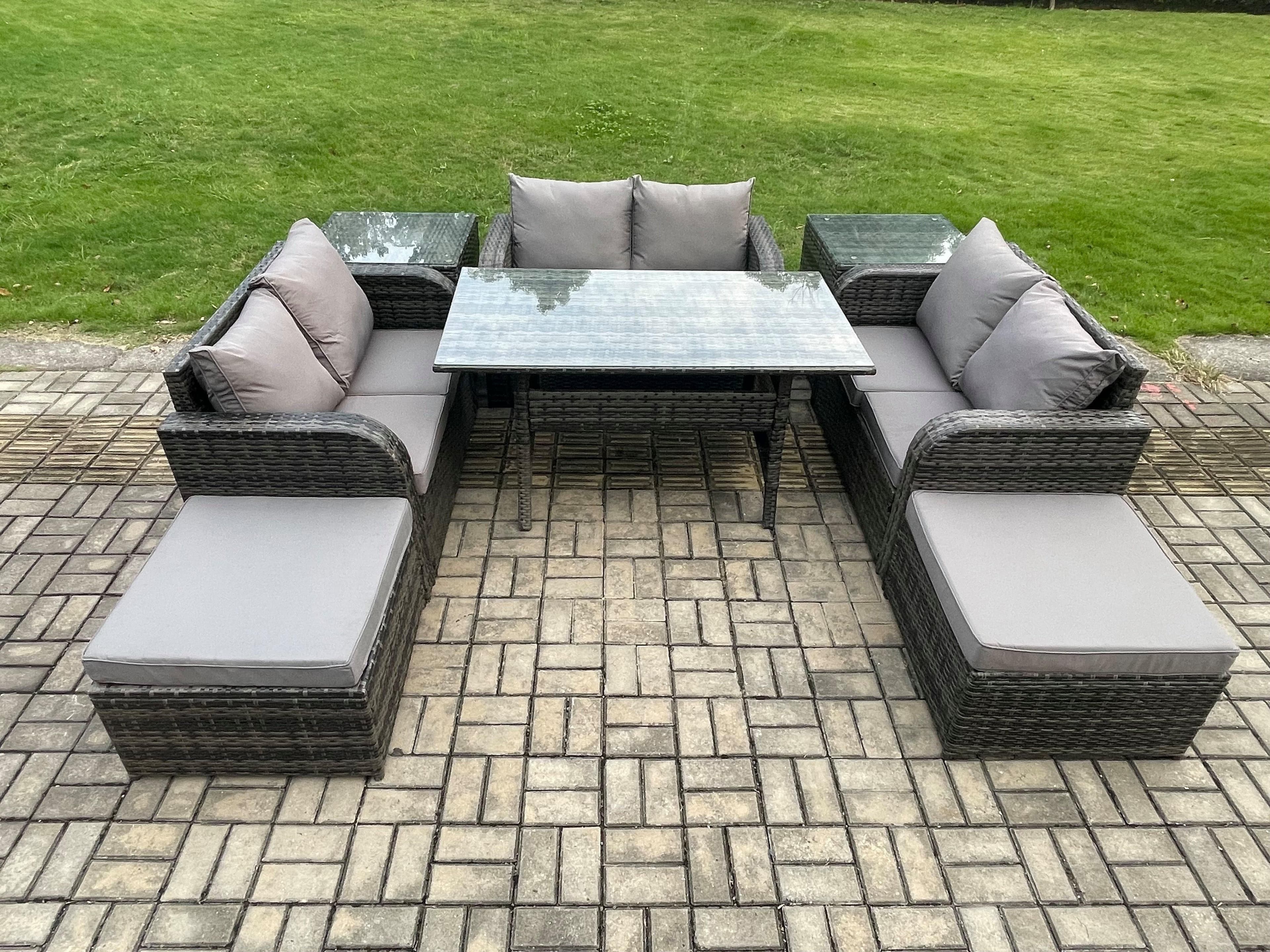 Outdoor Rattan Garden Furniture Lounge Sofa Set Oblong Rectangular Dining Table 2 Big Footstool 2 Side Tables