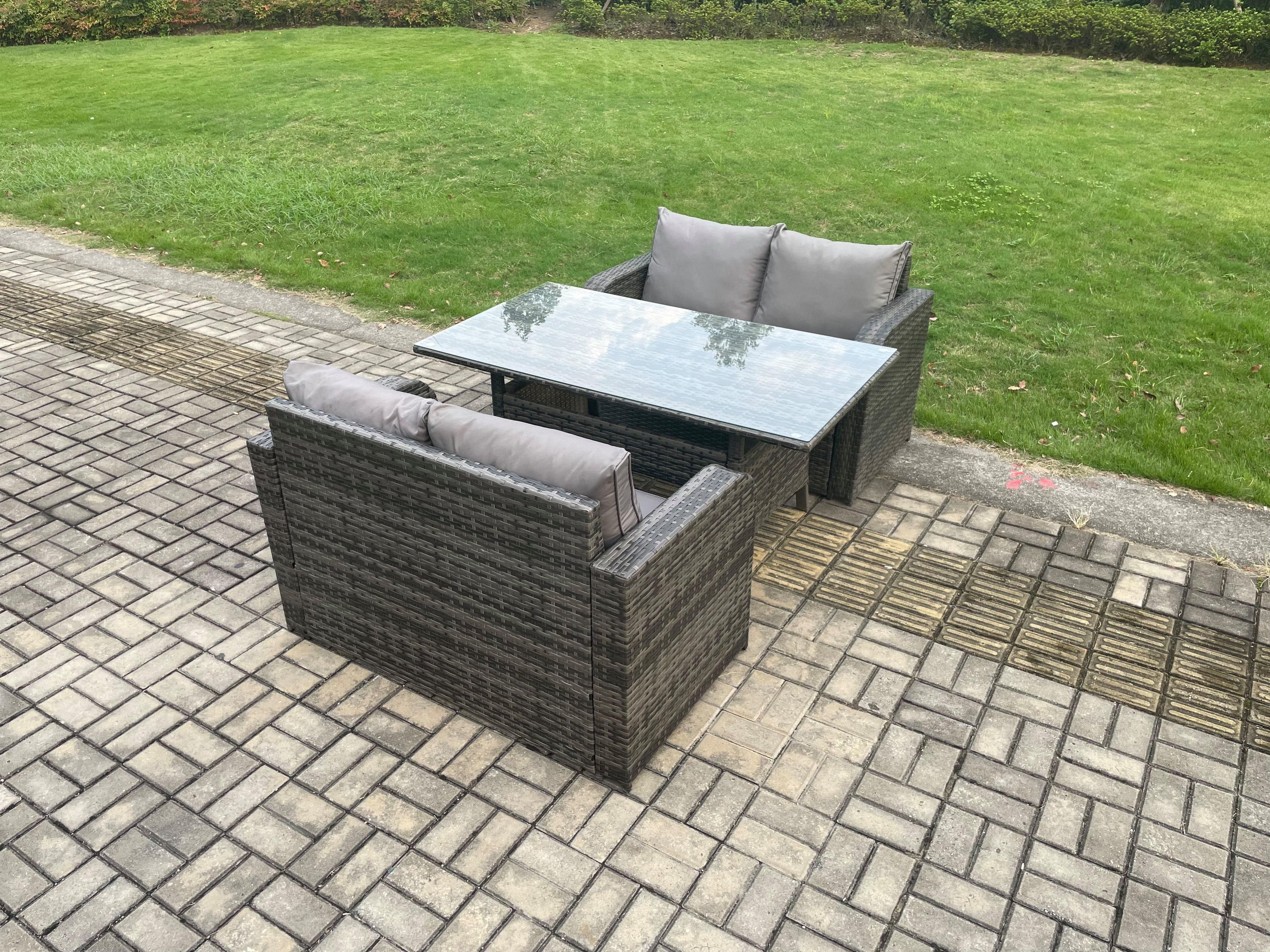 Patio Rattan Garden Furniture Set Oblong Rectangular Dining Table 4 Seater Outdoor Loveseat Sofa Set Dark Grey Mixed