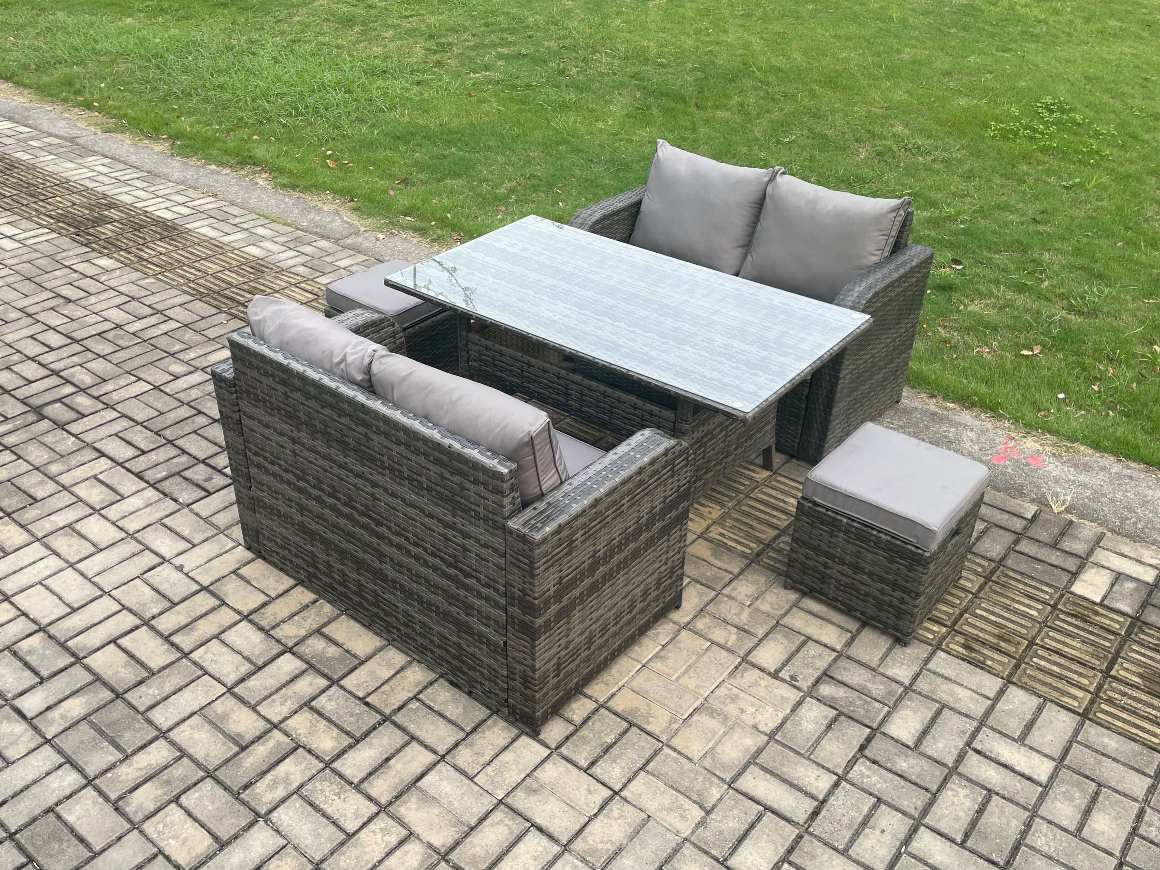 Patio Rattan Garden Furniture Set Oblong Rectangular Dining Table 2 Small Footstools 6 Seater Outdoor Loveseat Sofa Set Dark Grey Mixed