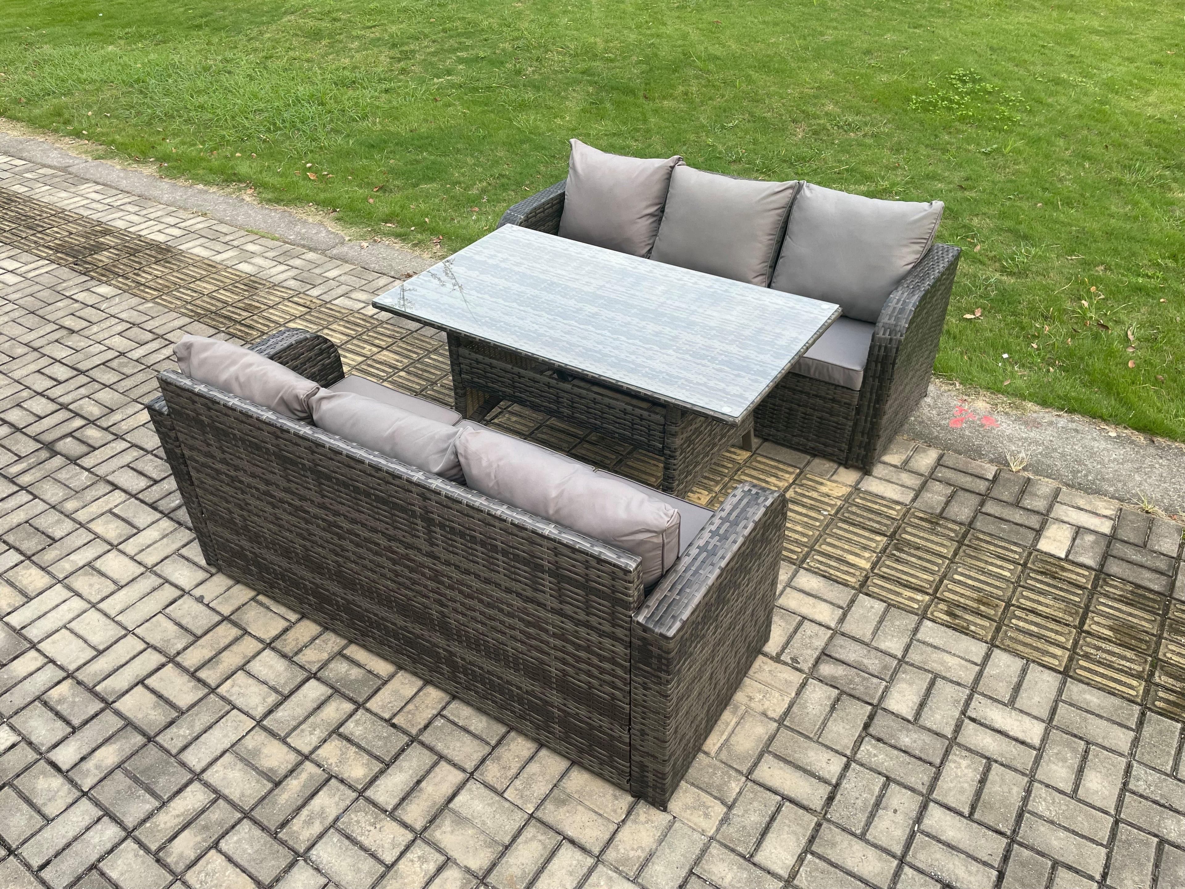 Patio Rattan Garden Furniture Set Oblong Rectangular Dining Table 6 Seater Outdoor 3 Seater Sofa Set Dark Grey Mixed