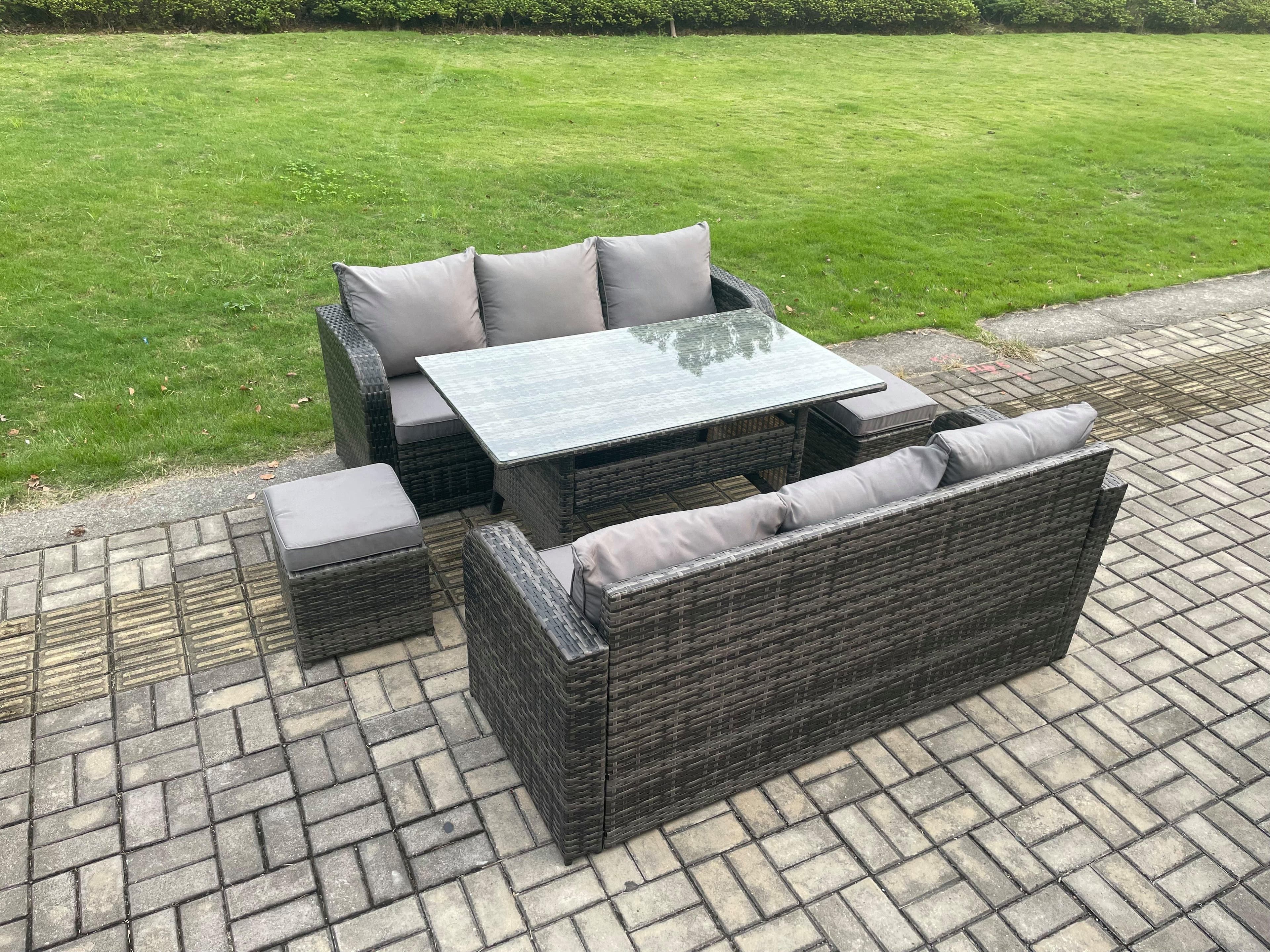 Patio Rattan Garden Furniture Set Oblong Rectangular Dining Table 2 Small Footstools 8 Seater Outdoor Lounge Sofa Set Dark Grey Mixed