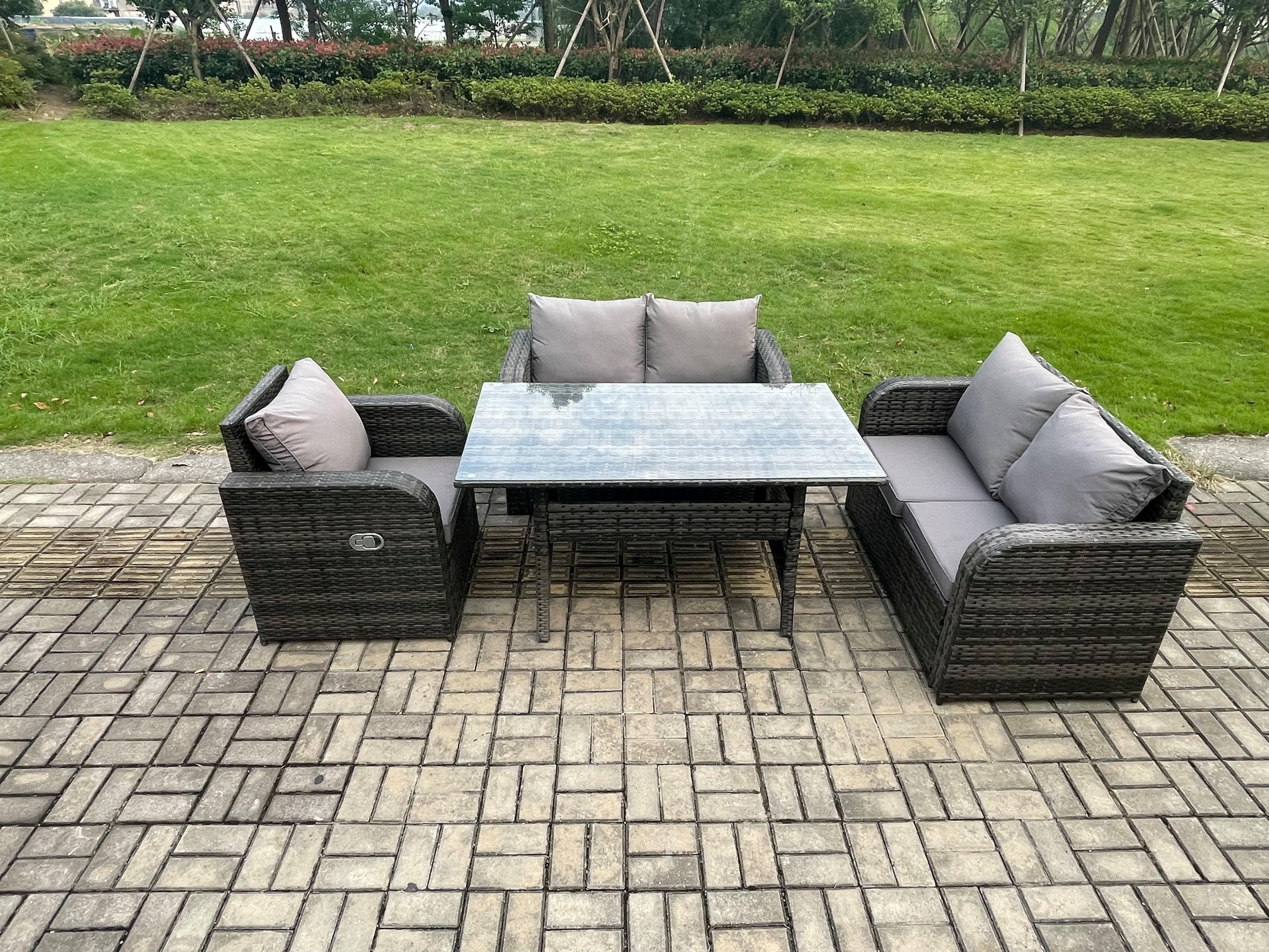 5 Seater Lounge Rattan Sofa Set Outdoor Garden Furniture Oblong Rectangular Dining Table Chairs Dark Grey Mixed