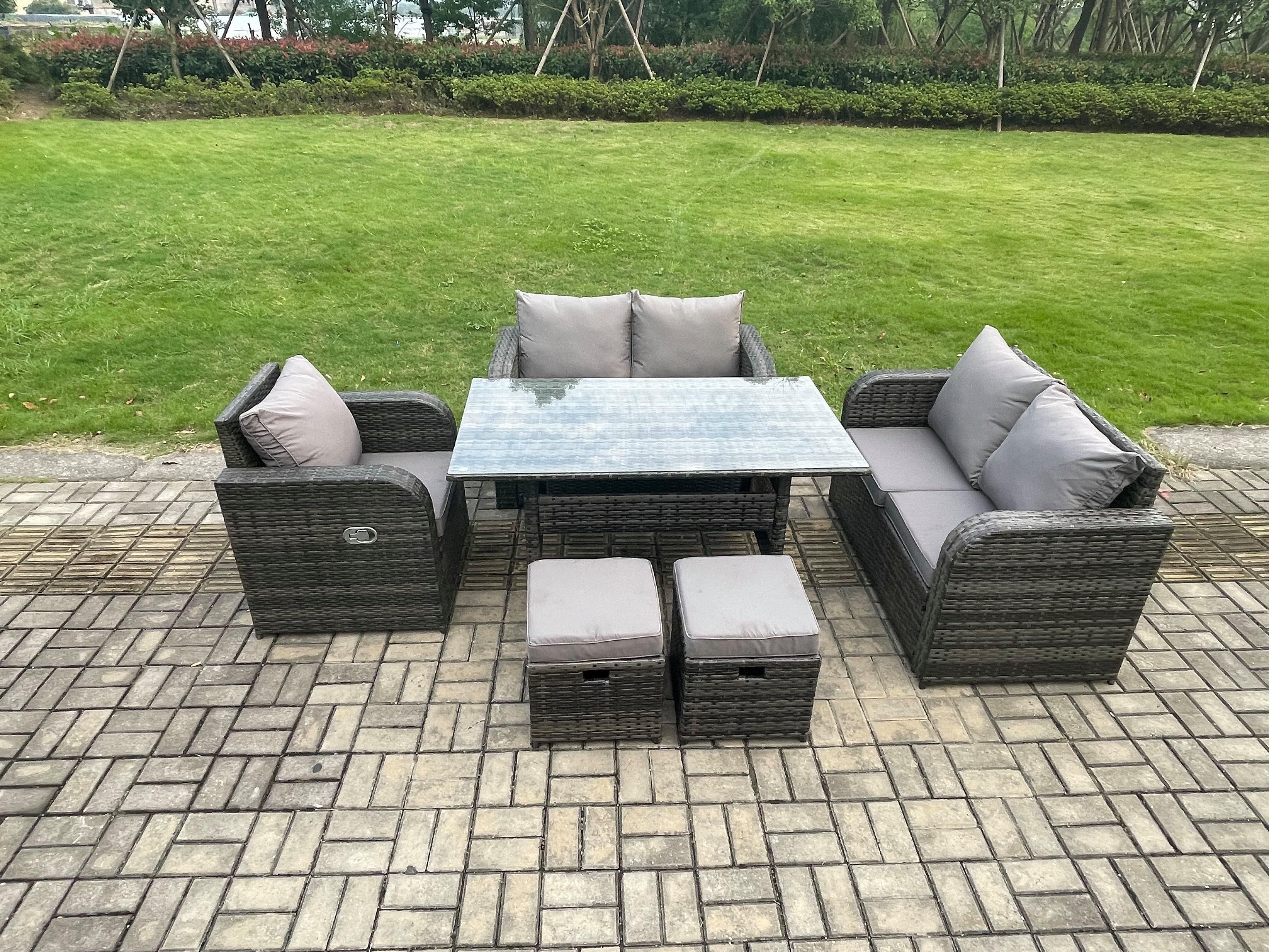 7 Seater Lounge Rattan Sofa Set Outdoor Garden Furniture Oblong Rectangular Dining Table Chairs Footstools Dark Grey Mixed