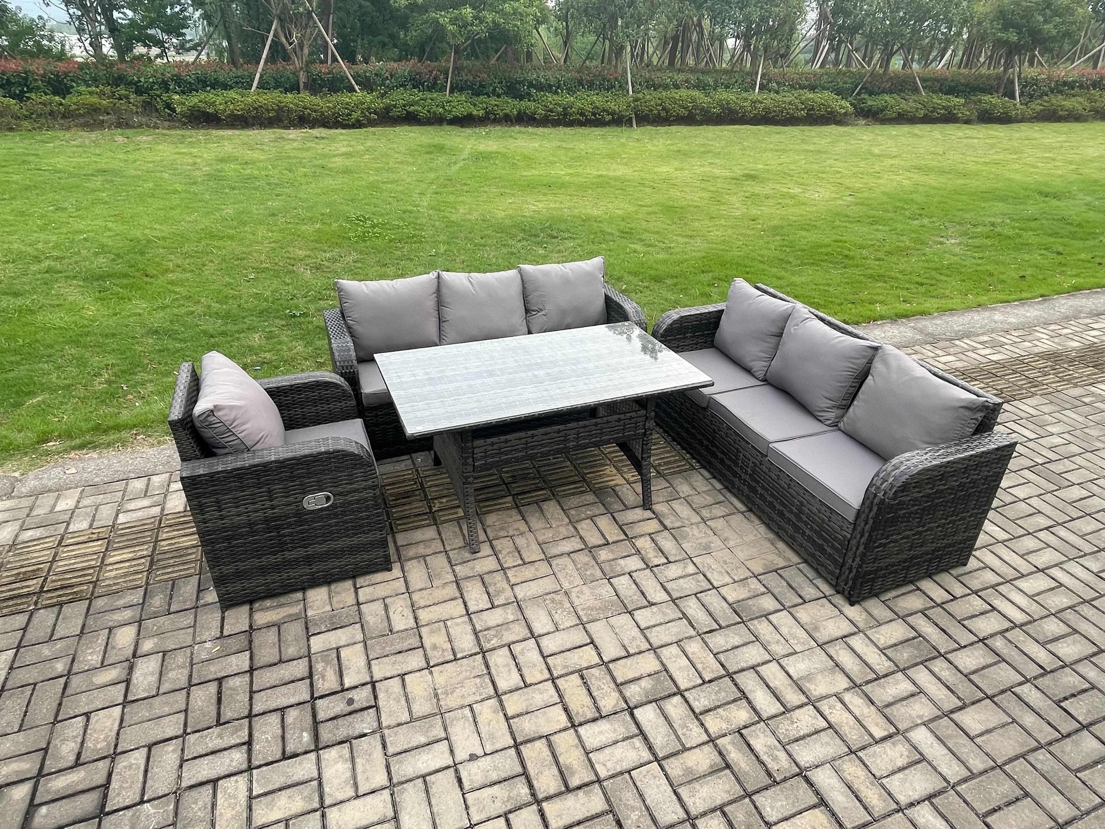 7 Seater Lounge Rattan Sofa Set Outdoor Garden Furniture Oblong Rectangular Dining Table Adjustable Chair Dark Grey Mixed