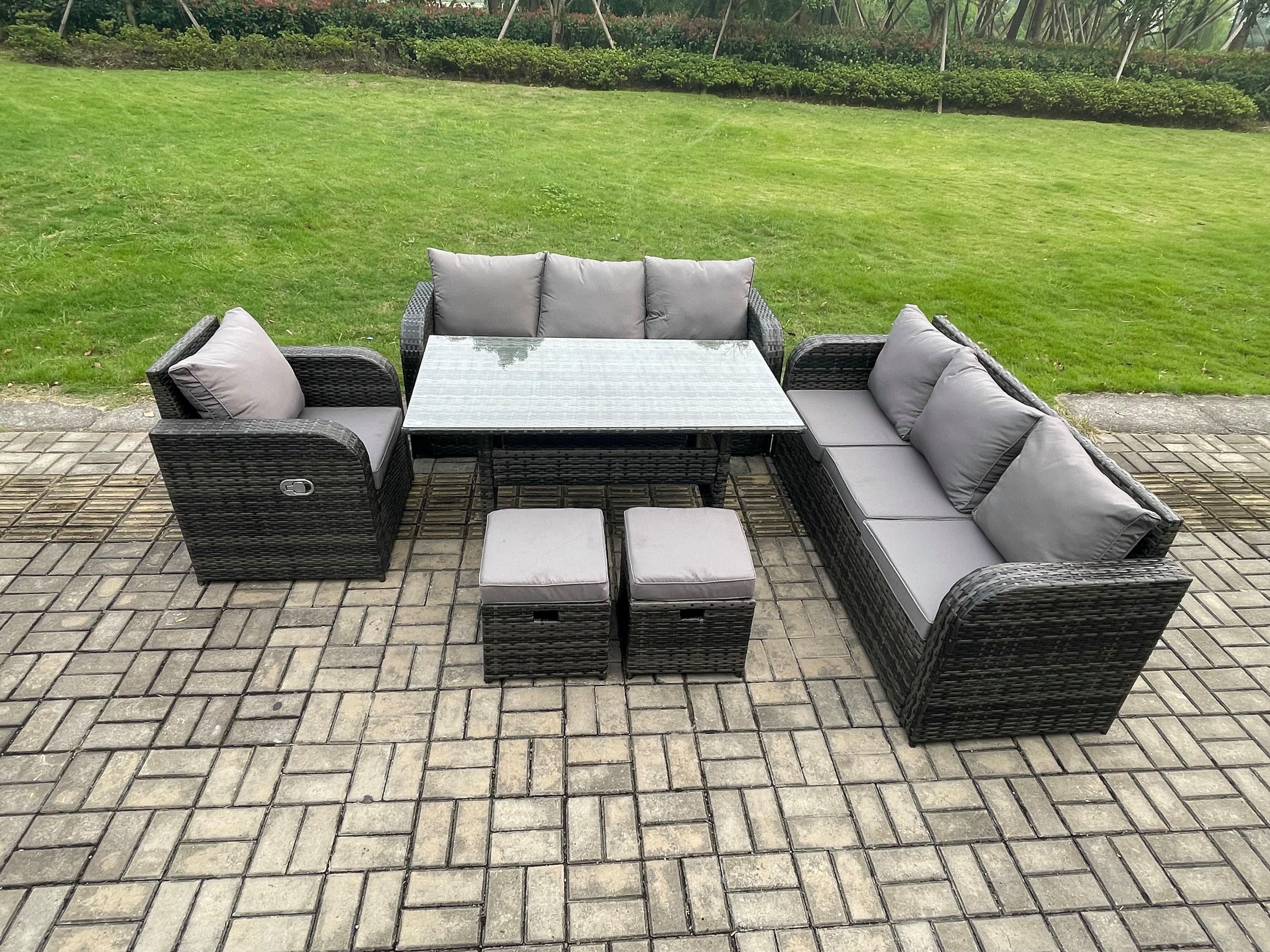 9 Seater Lounge Rattan Sofa Set Outdoor Garden Furniture Oblong Rectangular Dining Table Adjustable Chair 2 Small Footstools
