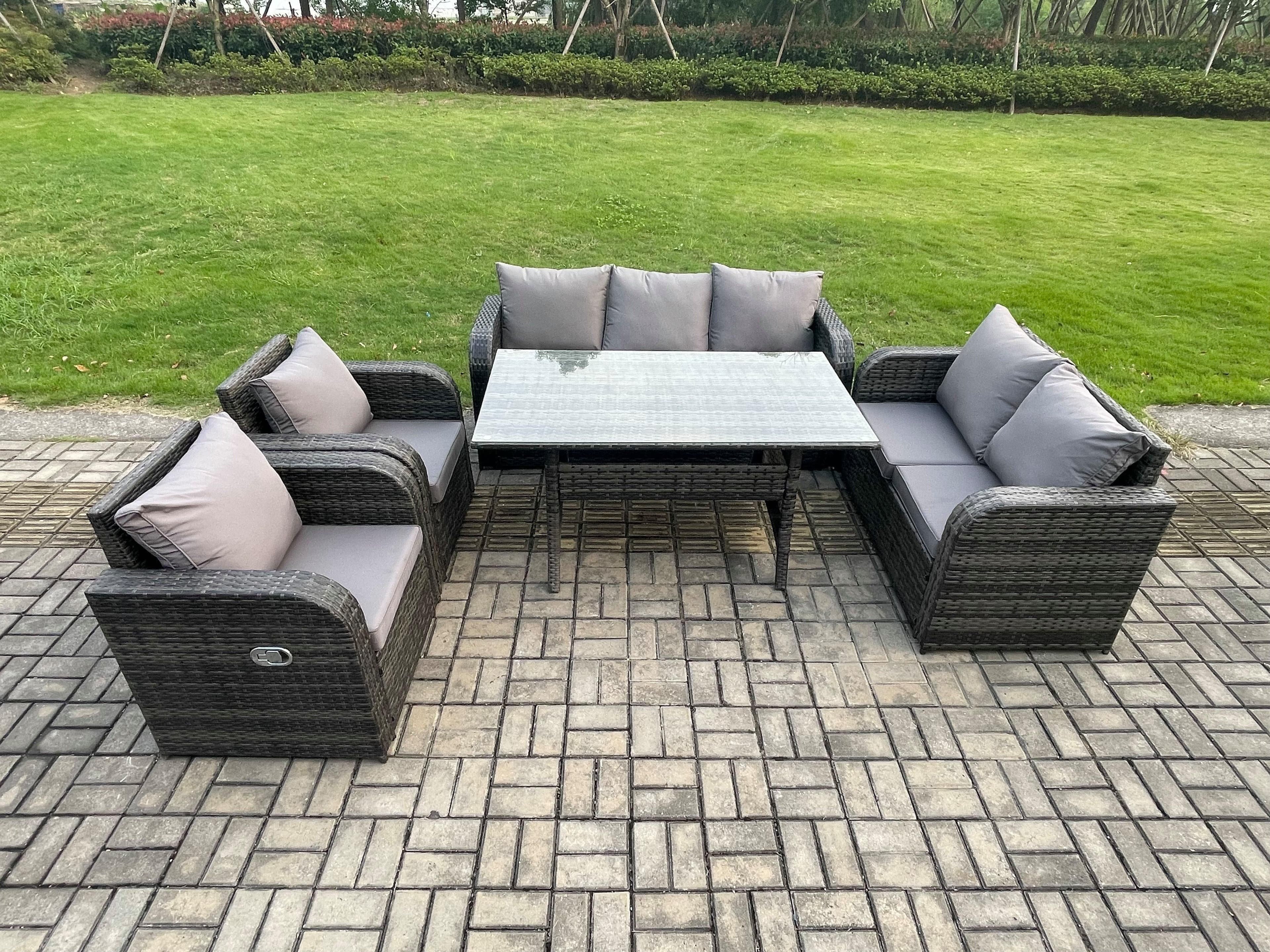 7 Seater Lounge Rattan Sofa Set Outdoor Garden Furniture Oblong Rectangular Dining Table Adjustable Chair Love Sofa Dark Grey Mixed