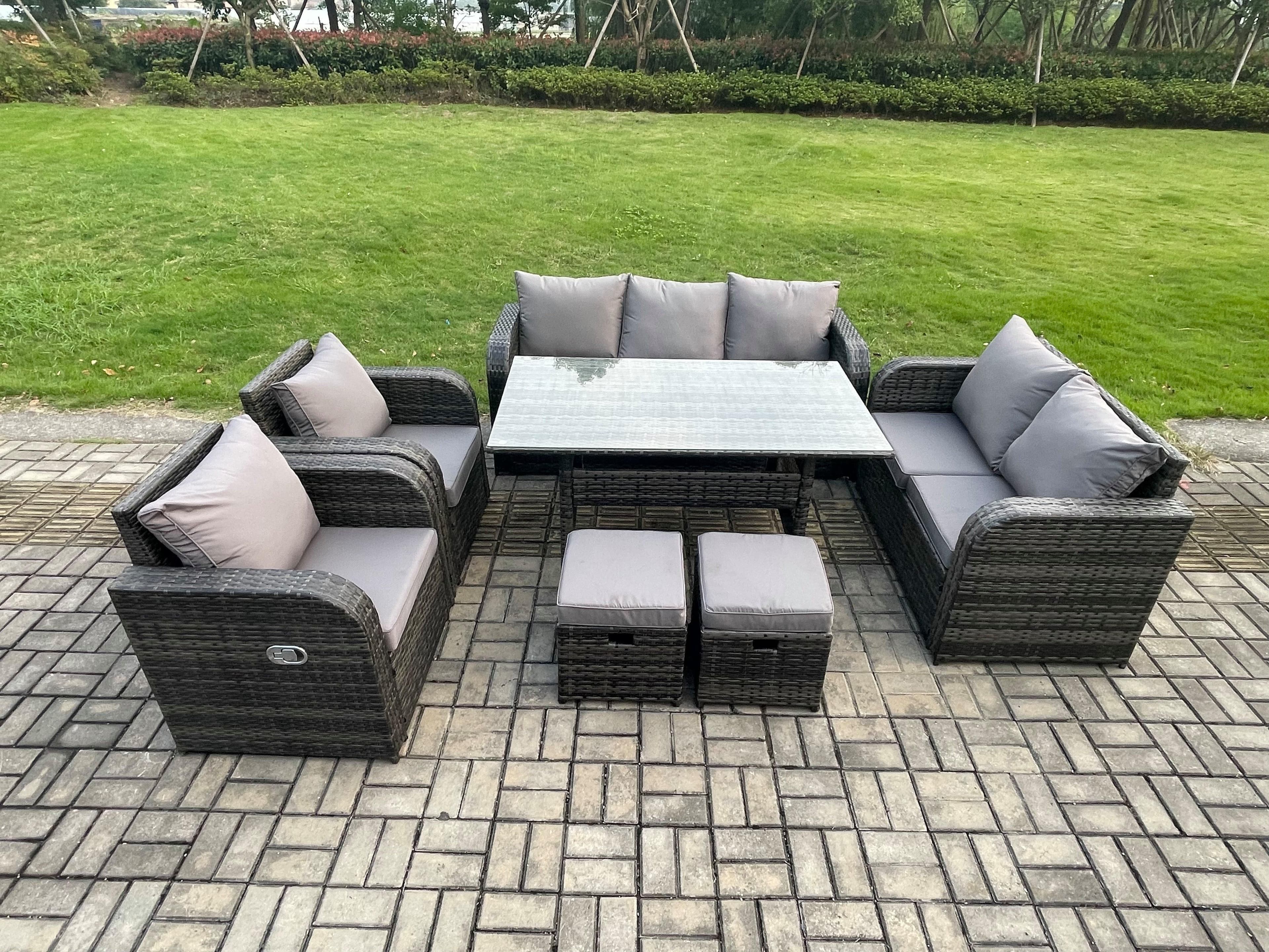 9 Seater Lounge Rattan Sofa Set Outdoor Garden Furniture Oblong Rectangular Dining Table Adjustable Chair Love Sofa 2 Small Footstools