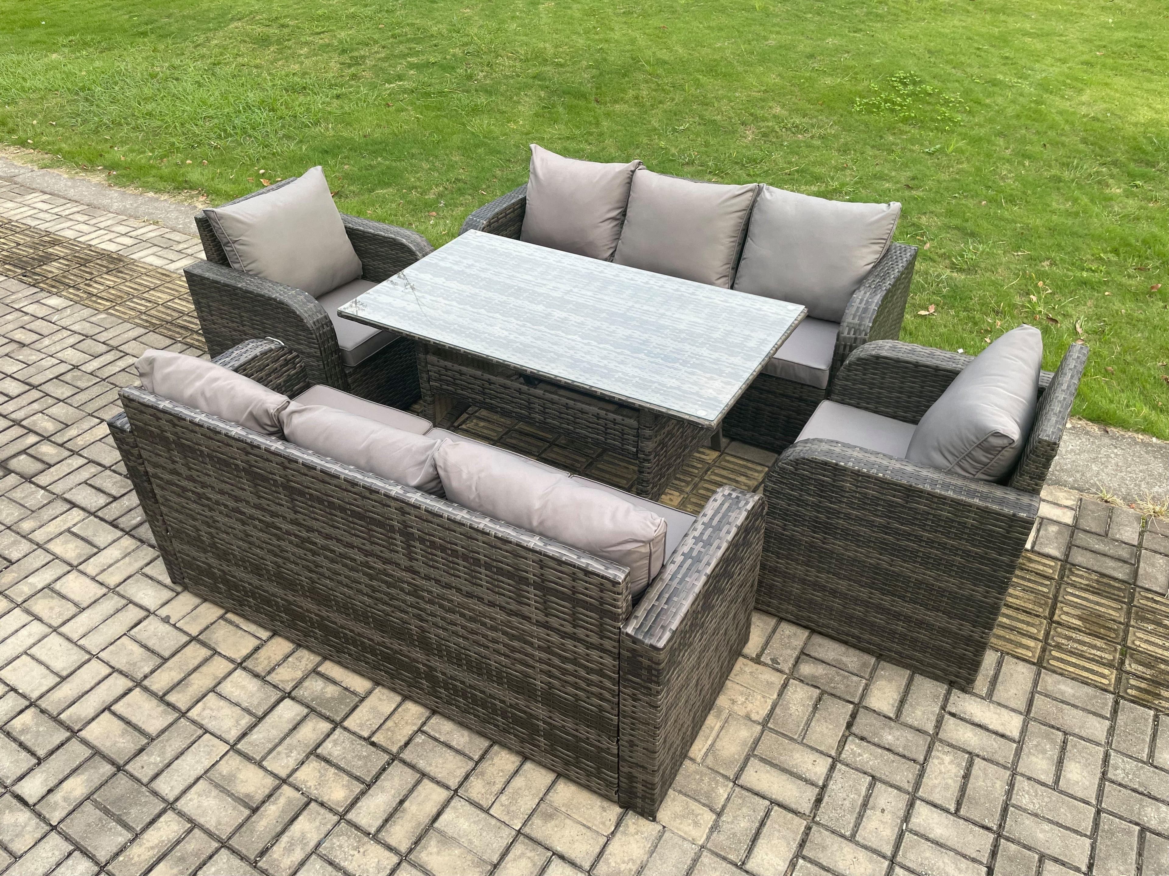 8 Seater Lounge Rattan Sofa Set Outdoor Garden Furniture Oblong Rectangular Dining Table Adjustable Chair 3 Seater Sofa Dark Grey Mixed