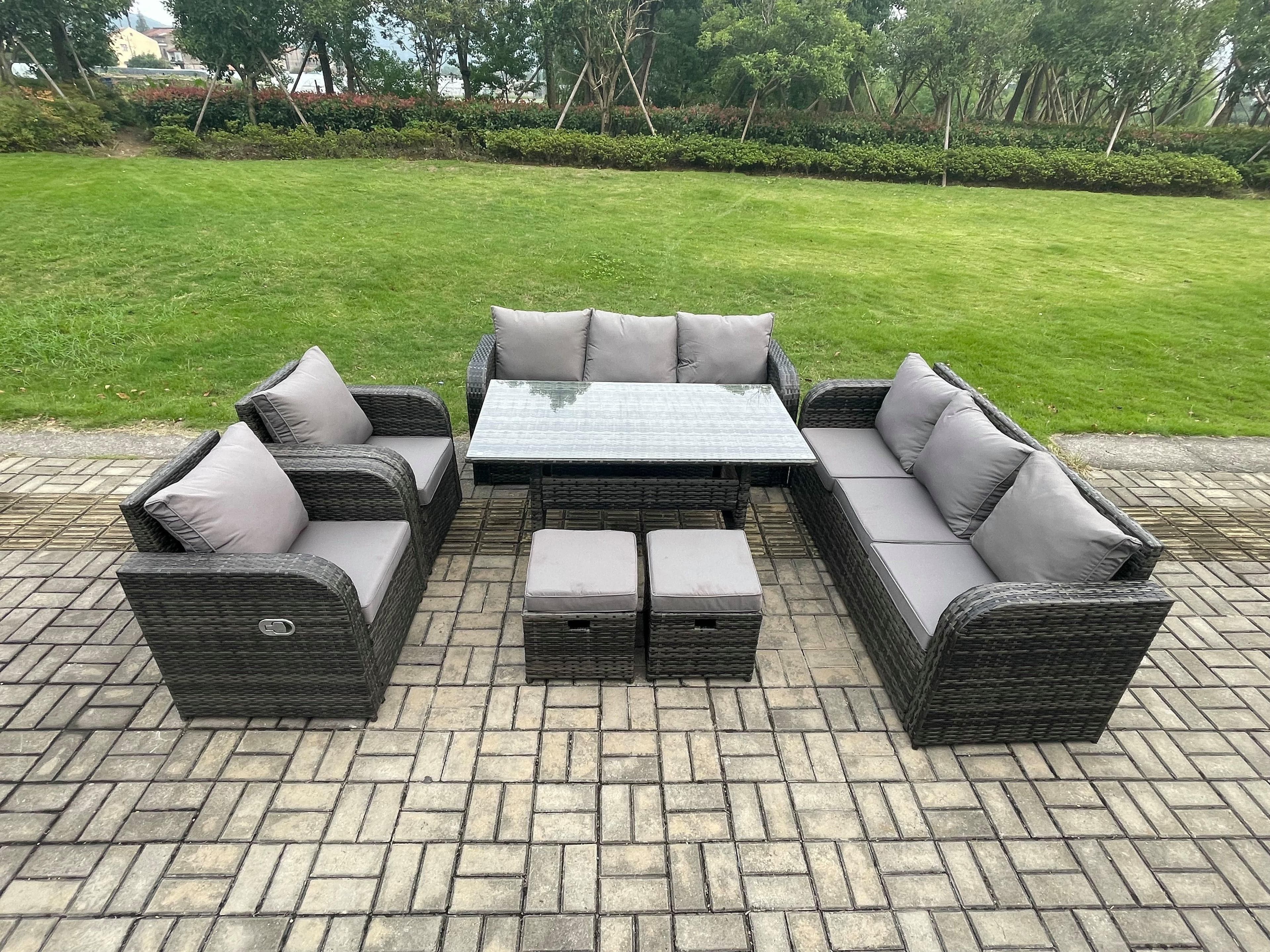 10 Seater Lounge Rattan Sofa Set Outdoor Garden Furniture Oblong Rectangular Dining Table Adjustable Chair 3 Seater Sofa 2 Footstools