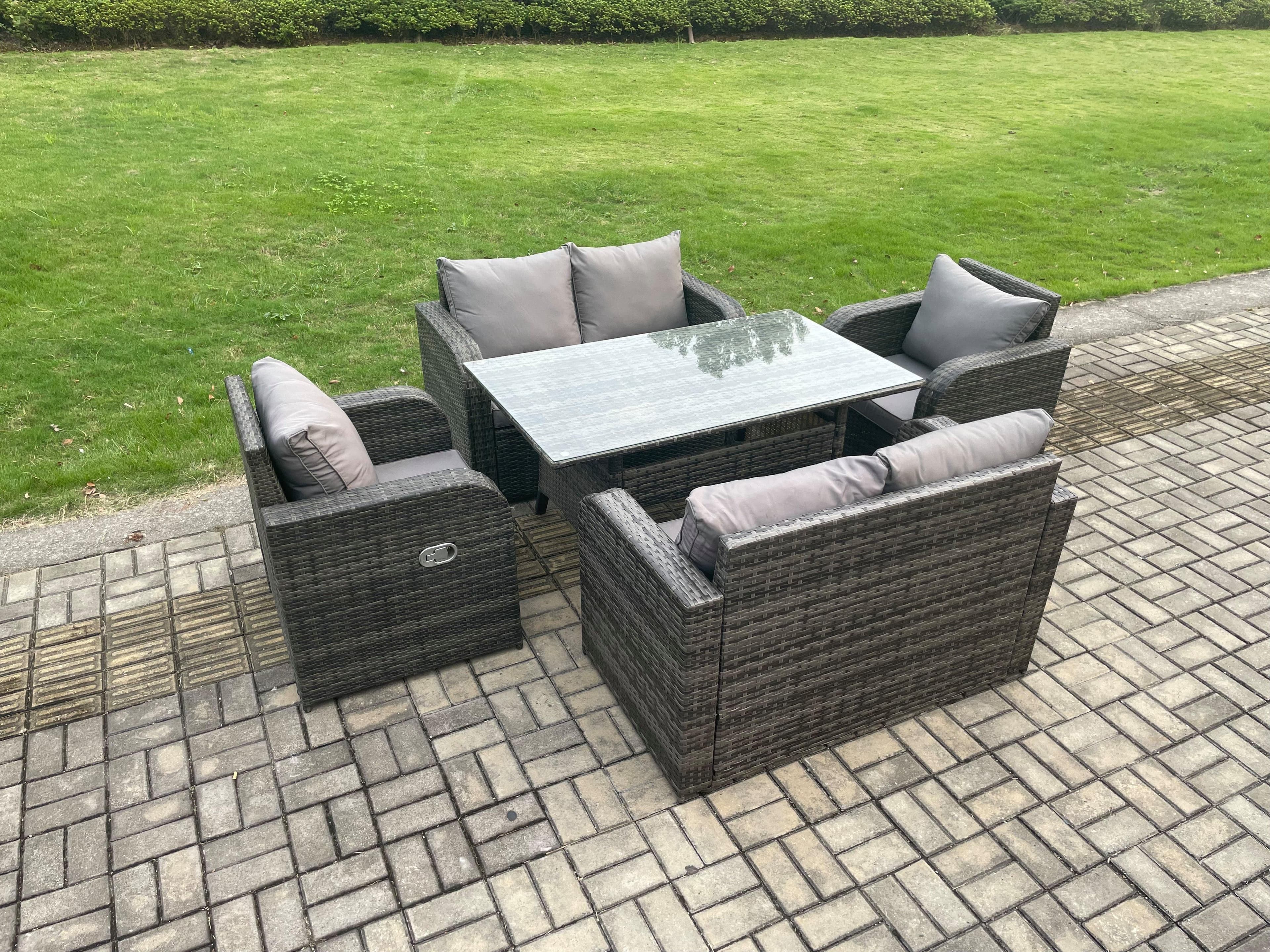 6 Seater Lounge Rattan Sofa Set Outdoor Garden Furniture Oblong Rectangular Dining Table Chairs Love Sofa Dark Grey Mixed