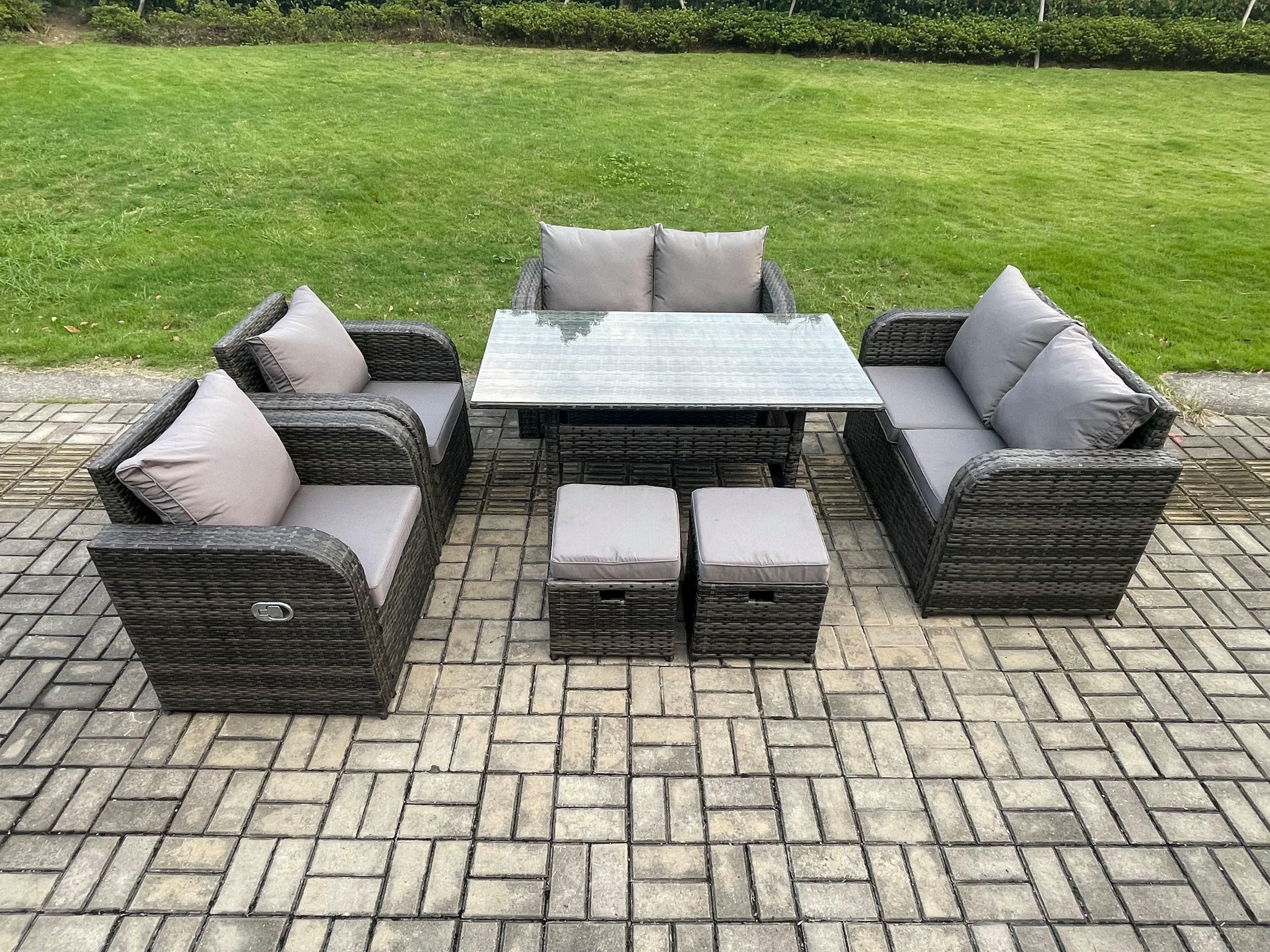 8 Seater Lounge Rattan Sofa Set Outdoor Garden Furniture Oblong Rectangular Dining Table Chairs 2 Small Footstools Dark Grey Mixed